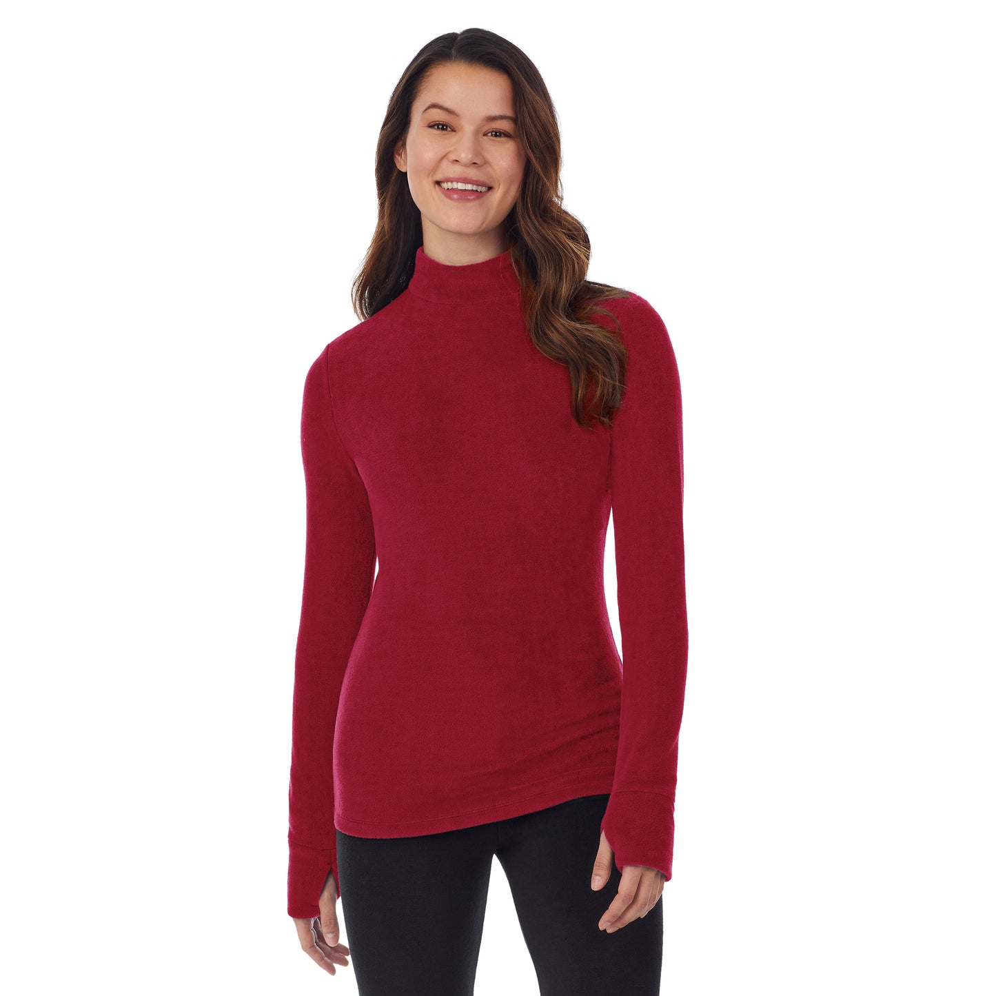 Rhubarb; Model is wearing size S. She is 5’9”, Bust 34”, Waist 25”, Hips 35”.@upper body of a lady wearing red long sleeve mock neck