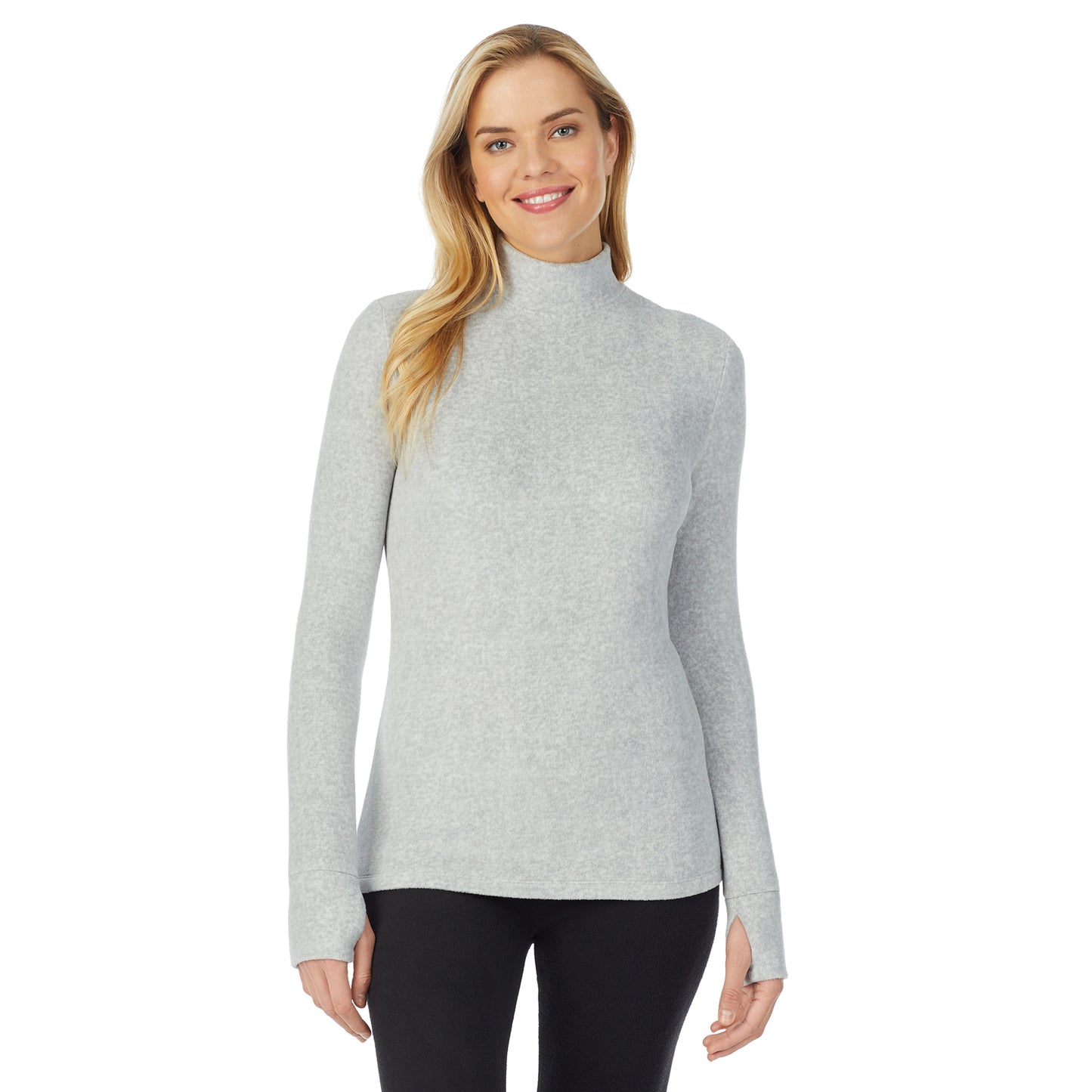 Light Grey Heather; Model is wearing size S. She is 5’10”, Bust 34”, Waist 26", Hips 38”.@upper body of a lady wearing light grey long sleeve mock neck