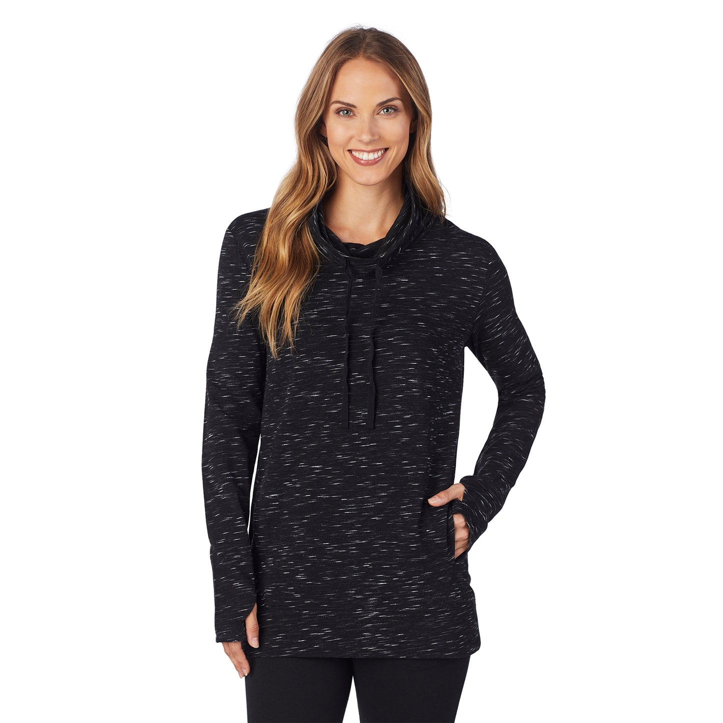 Black Neps Novelty; Model is wearing size S. She is 5’9”, Bust 32”, Waist 25.5”, Hips 36”.@Upper body of a lady wearing black long sleeve tunic top with white texture