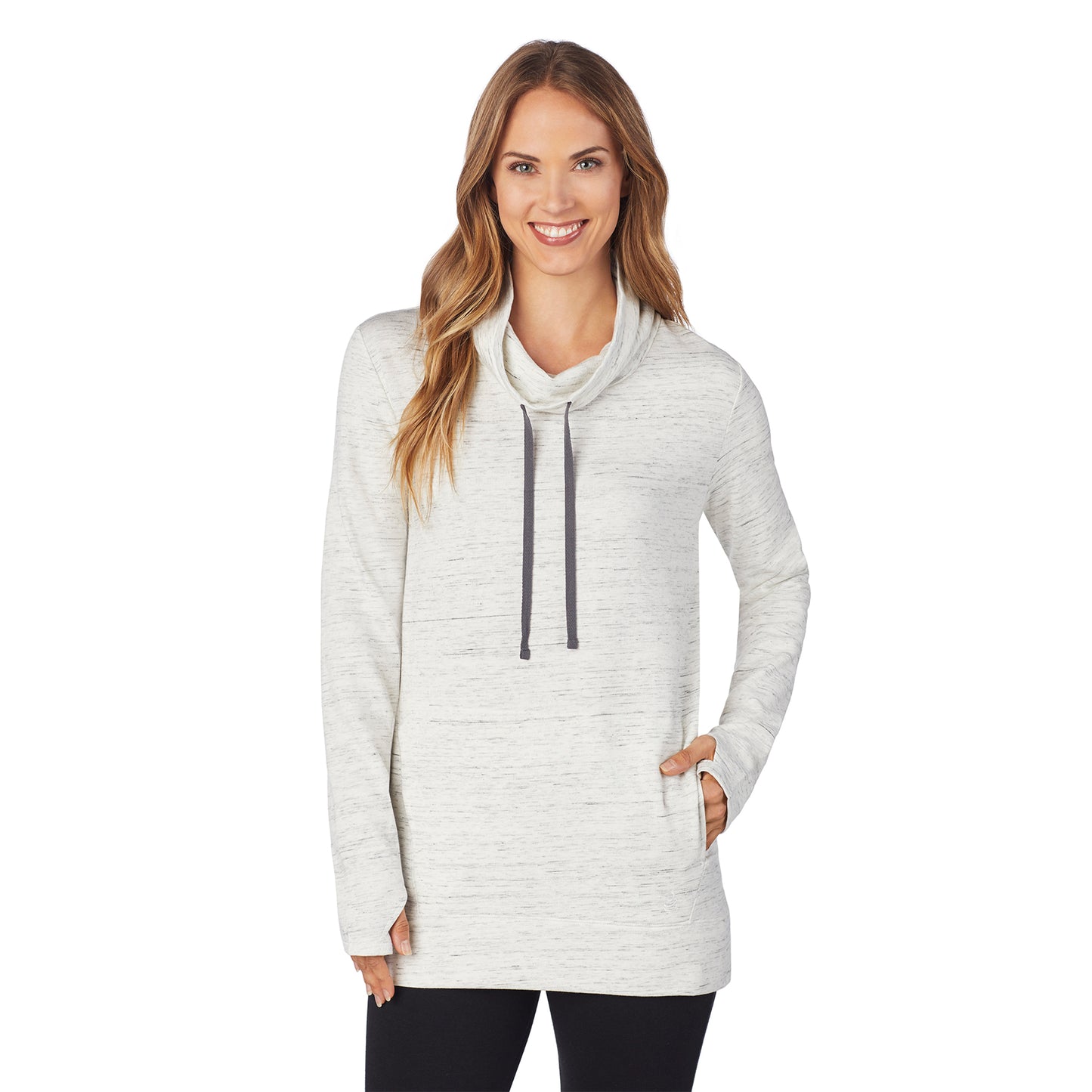 Ivory Neps Novelty; Model is wearing size S. She is 5’9”, Bust 32”, Waist 25.5”, Hips 36”.@Upper body of a lady wearing ivory long sleeve tunic top with a texture