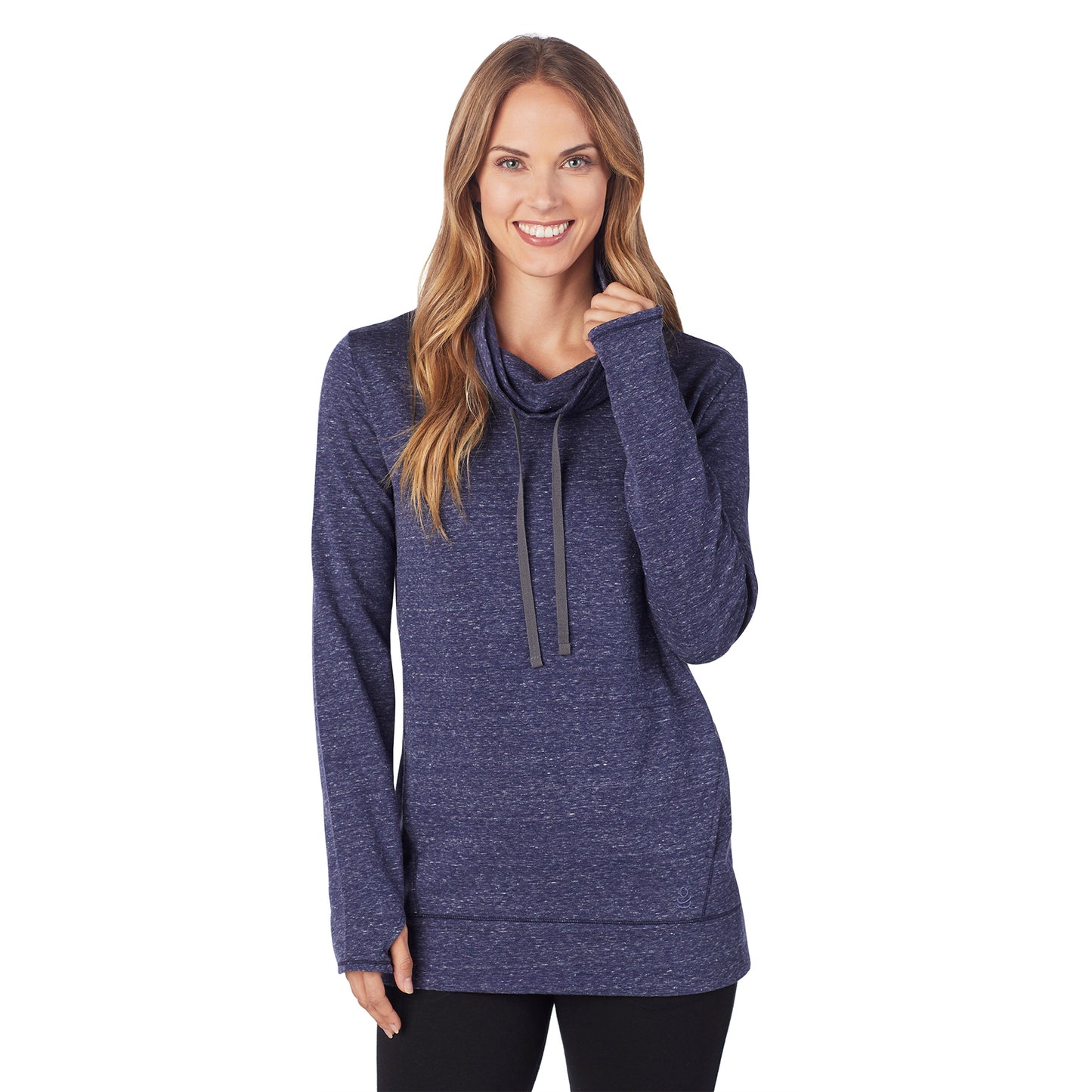 Navy Neps Novelty; Model is wearing size S. She is 5’9”, Bust 32”, Waist 25.5”, Hips 36”.@Upper body of a lady wearing navy long sleeve tunic top with a texture
