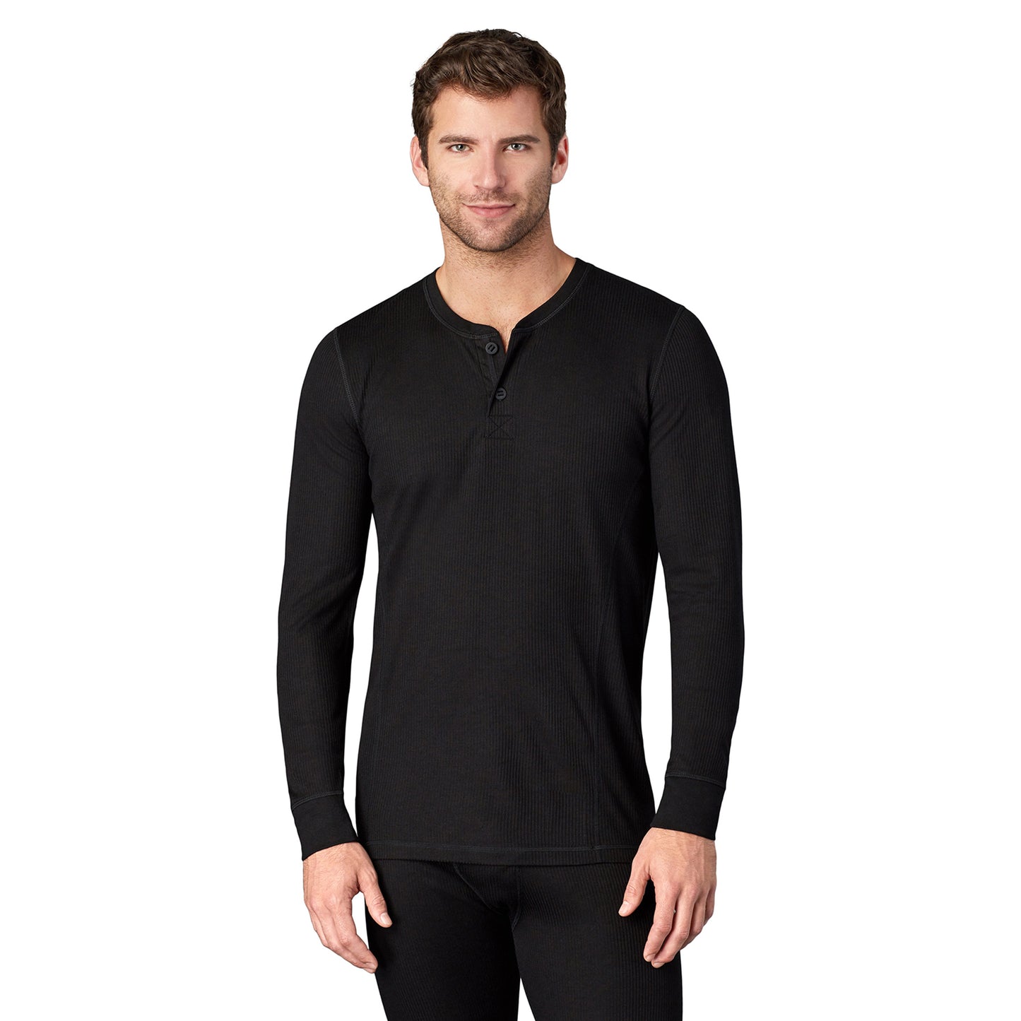 Black; Model is wearing size M. He is 6'1", Waist 31", Inseam 33".@A man wearing black long sleeve henley