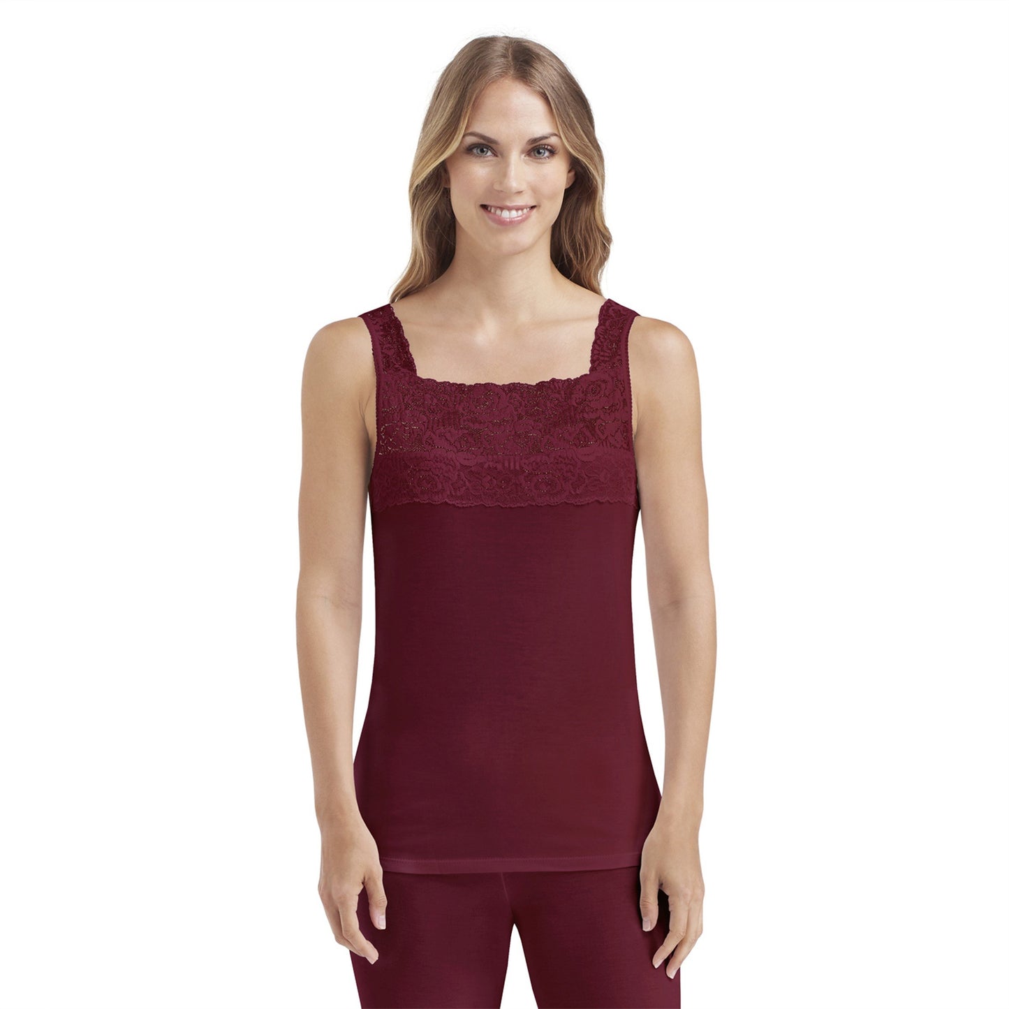 Wine;Model is wearing size S. She is 5’9”, Bust 34”, Waist 26”, Hips 36”.@A lady wearing winek softech stretch lace detail cami.