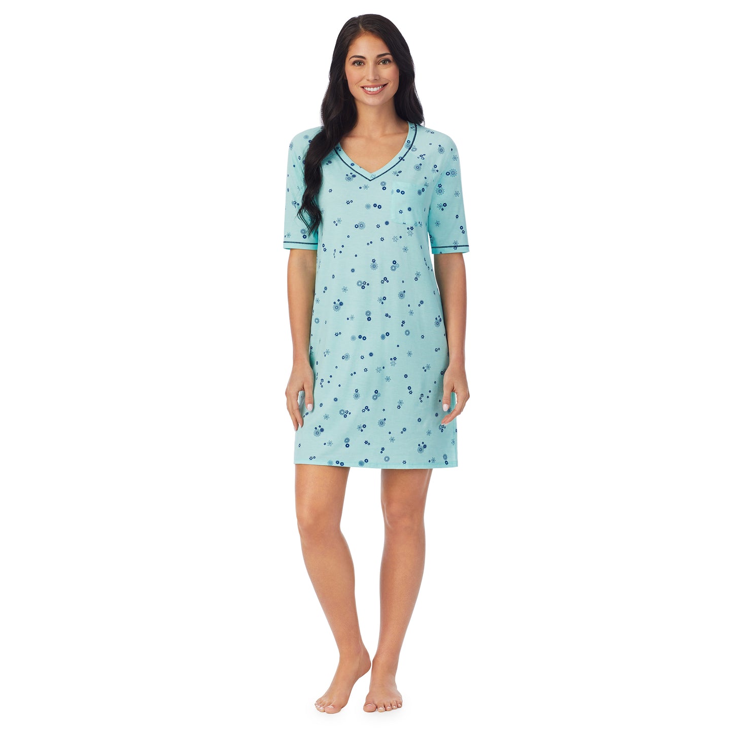 Mint Ditsy Floral;Model is wearing size S. She is 5'8.5", Bust 32", Waist 25", Hips 36".@ A lady wearingCuddl Smart Elbow Sleeve Sleep Tee with Mint Ditsy Floral print