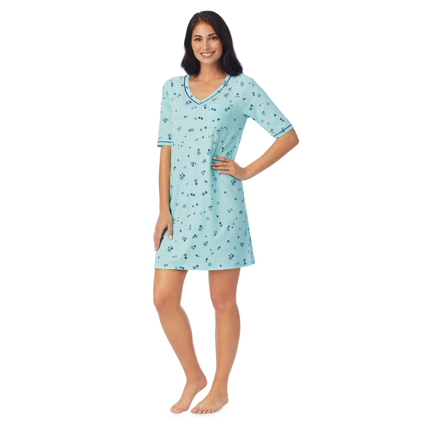 Mint Ditsy Floral;Model is wearing size S. She is 5'8.5", Bust 32", Waist 25", Hips 36".@ A lady wearingCuddl Smart Elbow Sleeve Sleep Tee with Mint Ditsy Floral print