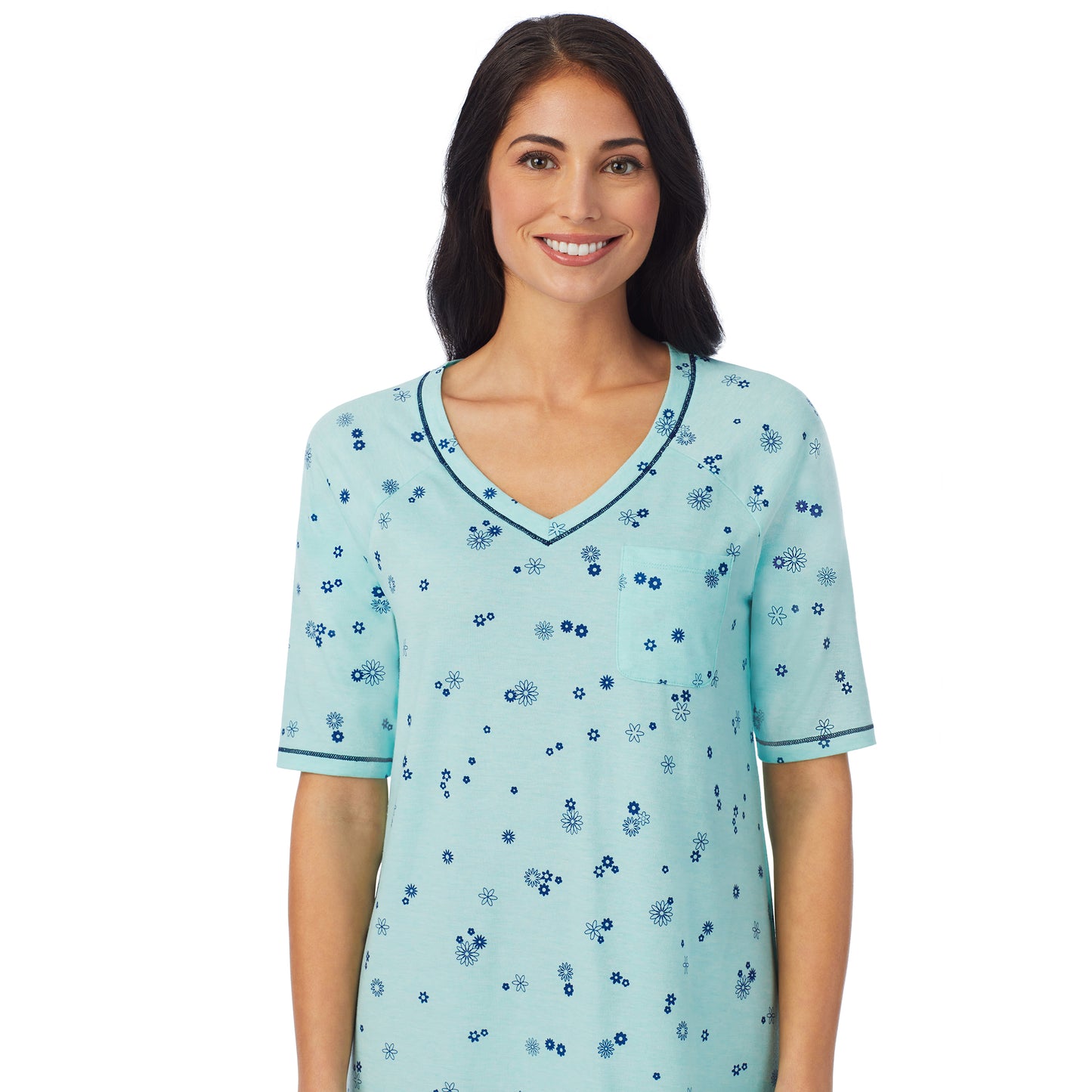 Mint Ditsy Floral;Model is wearing size S. She is 5'8.5", Bust 32", Waist 25", Hips 36".@ A lady wearingCuddl Smart Elbow Sleeve Sleep Tee with Mint Ditsy Floral print