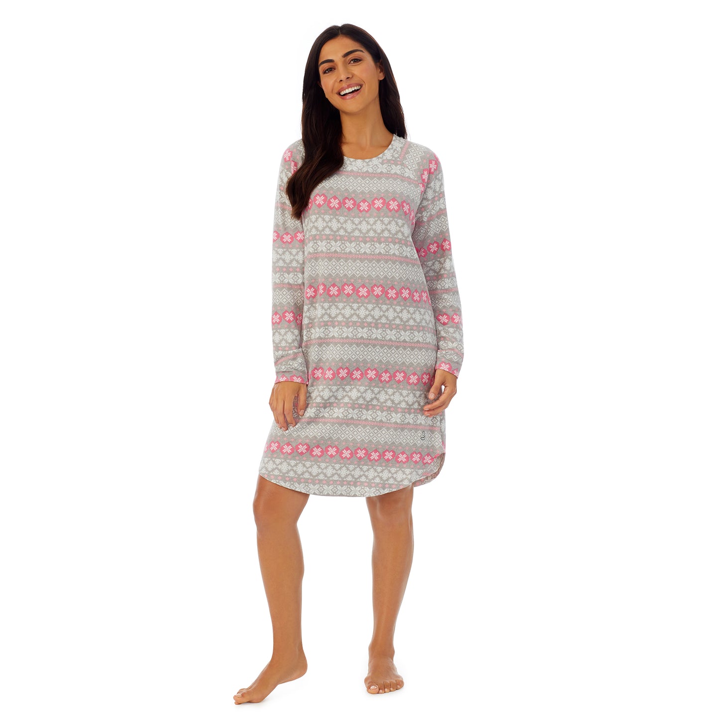 Grey Fairisle; Model is wearing size S. She is 5’7”, Bust 32”, Waist 25”, Hips 35”.@A lady wearing grey long sleeve sleepshirt with white and pink fairisle print