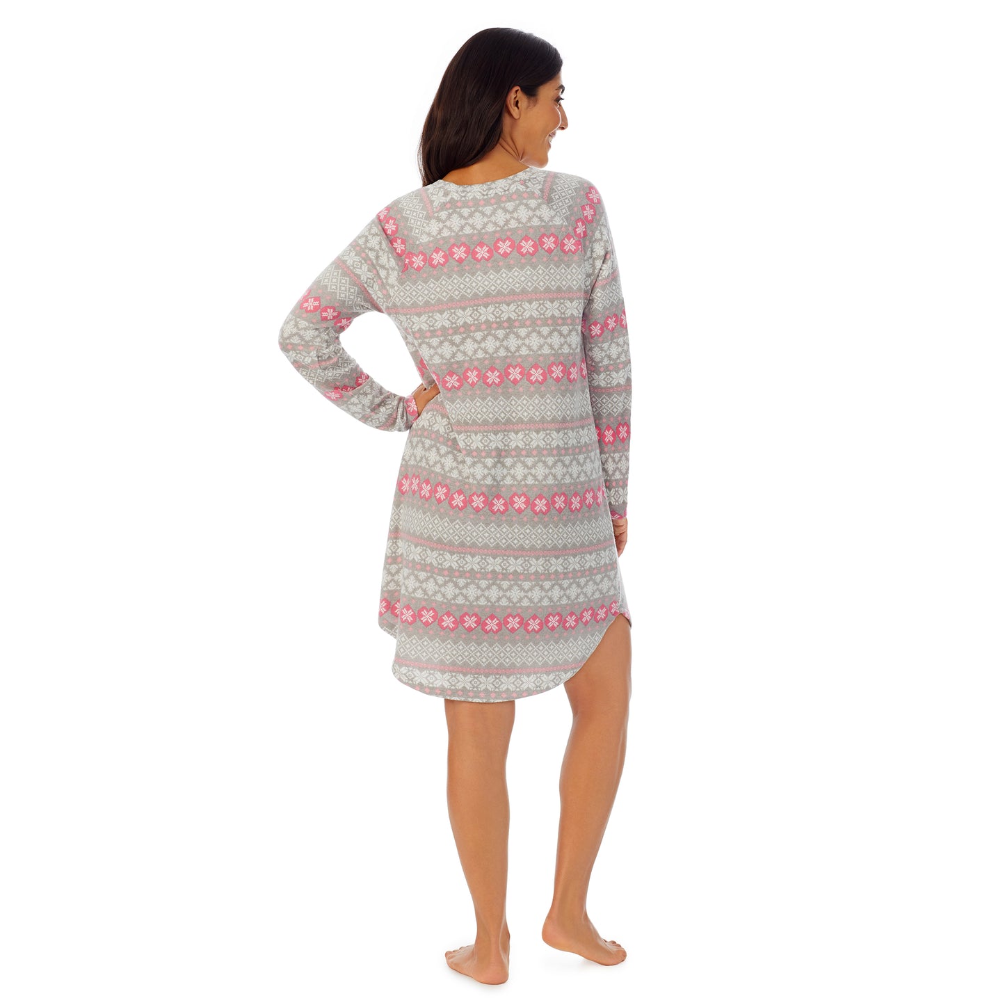 Grey Fairisle; Model is wearing size S. She is 5’7”, Bust 32”, Waist 25”, Hips 35”.@A lady wearing grey long sleeve sleepshirt with white and pink fairisle print