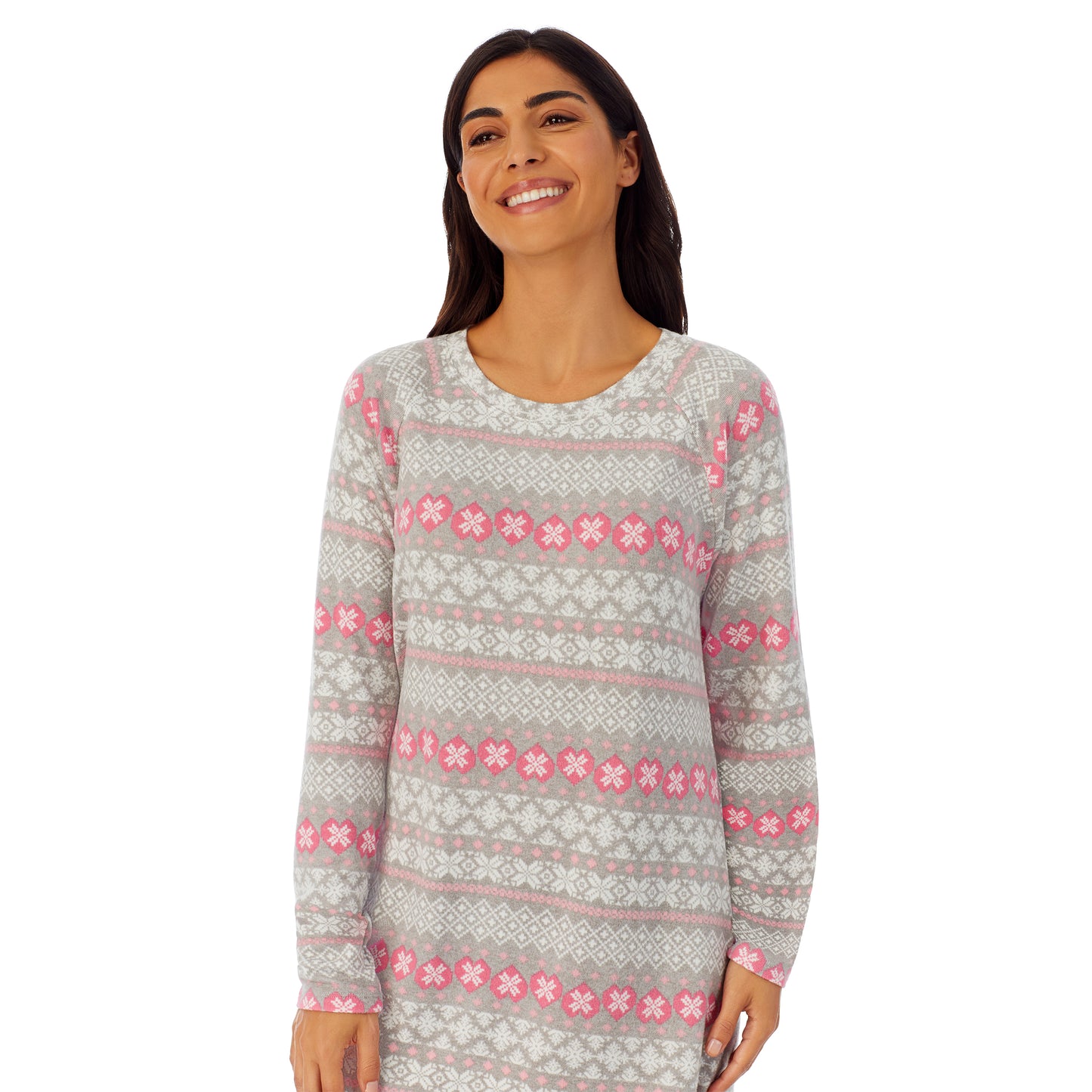 Grey Fairisle; Model is wearing size S. She is 5’7”, Bust 32”, Waist 25”, Hips 35”.@Upper body of A lady wearing grey long sleeve sleepshirt with white and pink fairisle print