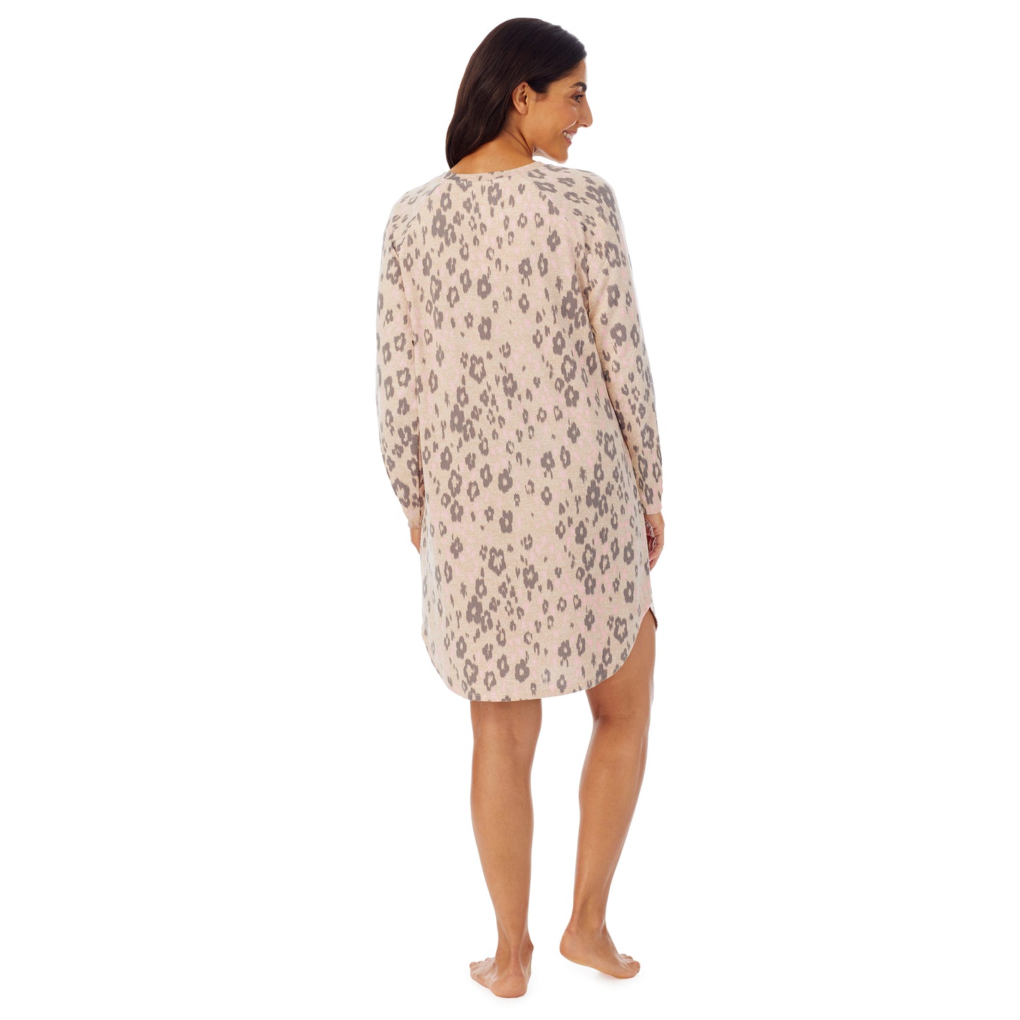 Leopard Animal; Model is wearing size S. She is 5’7”, Bust 32”, Waist 25”, Hips 35”.@A lady wearing long sleeve sleepshirt with animal print
