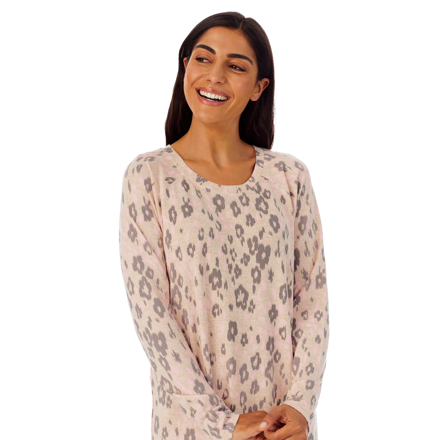 Leopard Animal; Model is wearing size S. She is 5’7”, Bust 32”, Waist 25”, Hips 35”.@Upper body of A lady wearing long sleeve sleepshirt with animal print