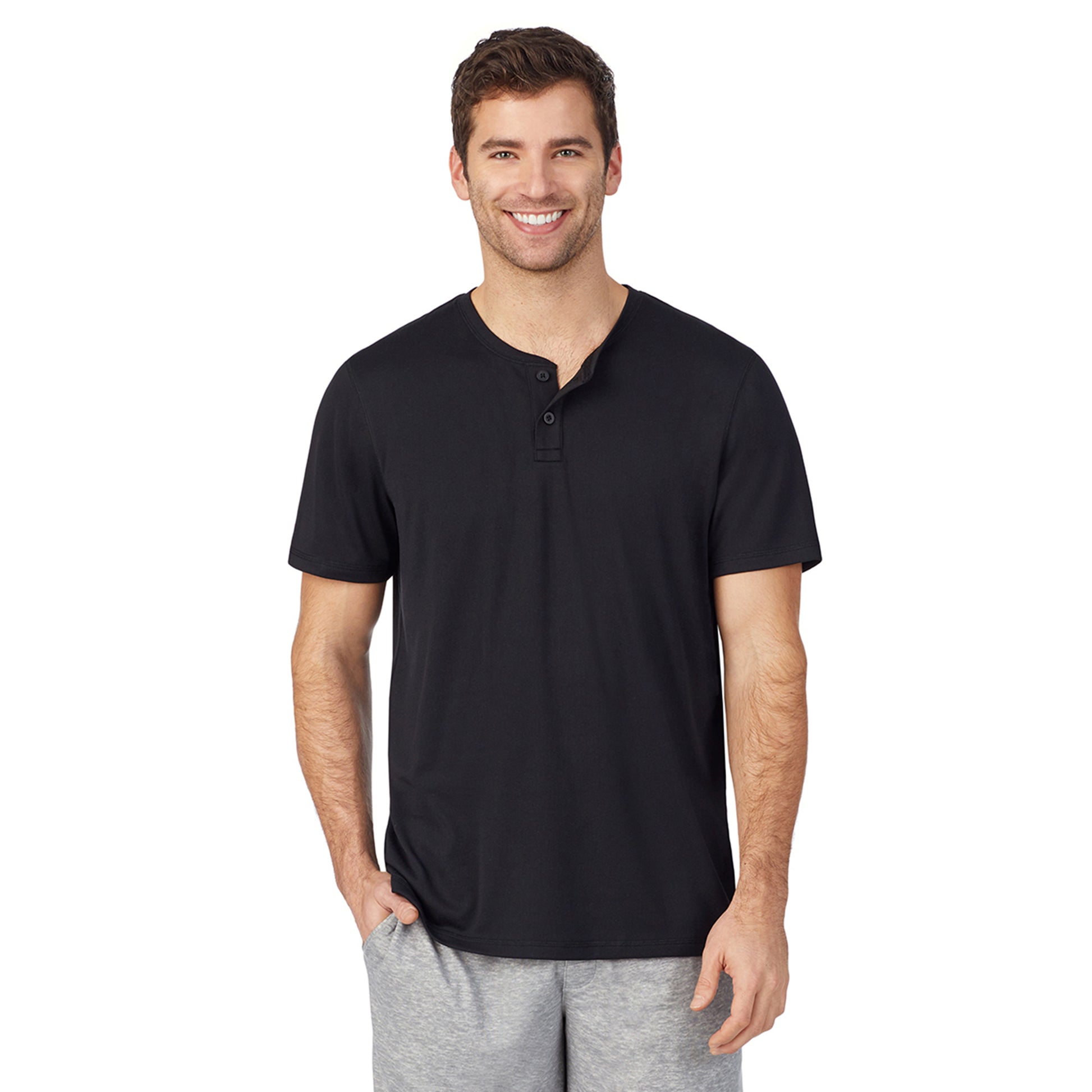 A lady wearingMens Short Sleeve Crew Neck Top and Pant Pajama Set with Black Plaid print