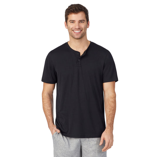 A lady wearingMens Short Sleeve Crew Neck Top and Pant Pajama Set with Black Plaid print