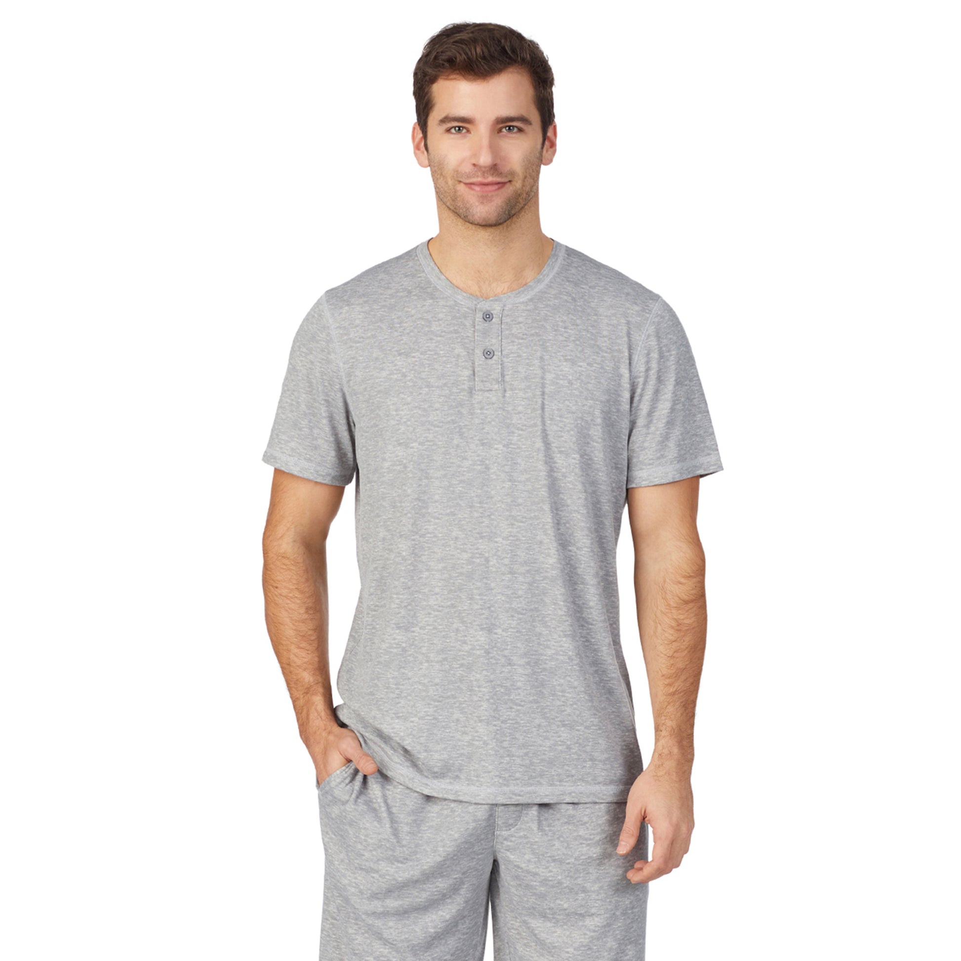 A lady wearingMens Short Sleeve Crew Neck Top and Pant Pajama Set with Navy Sea Life print