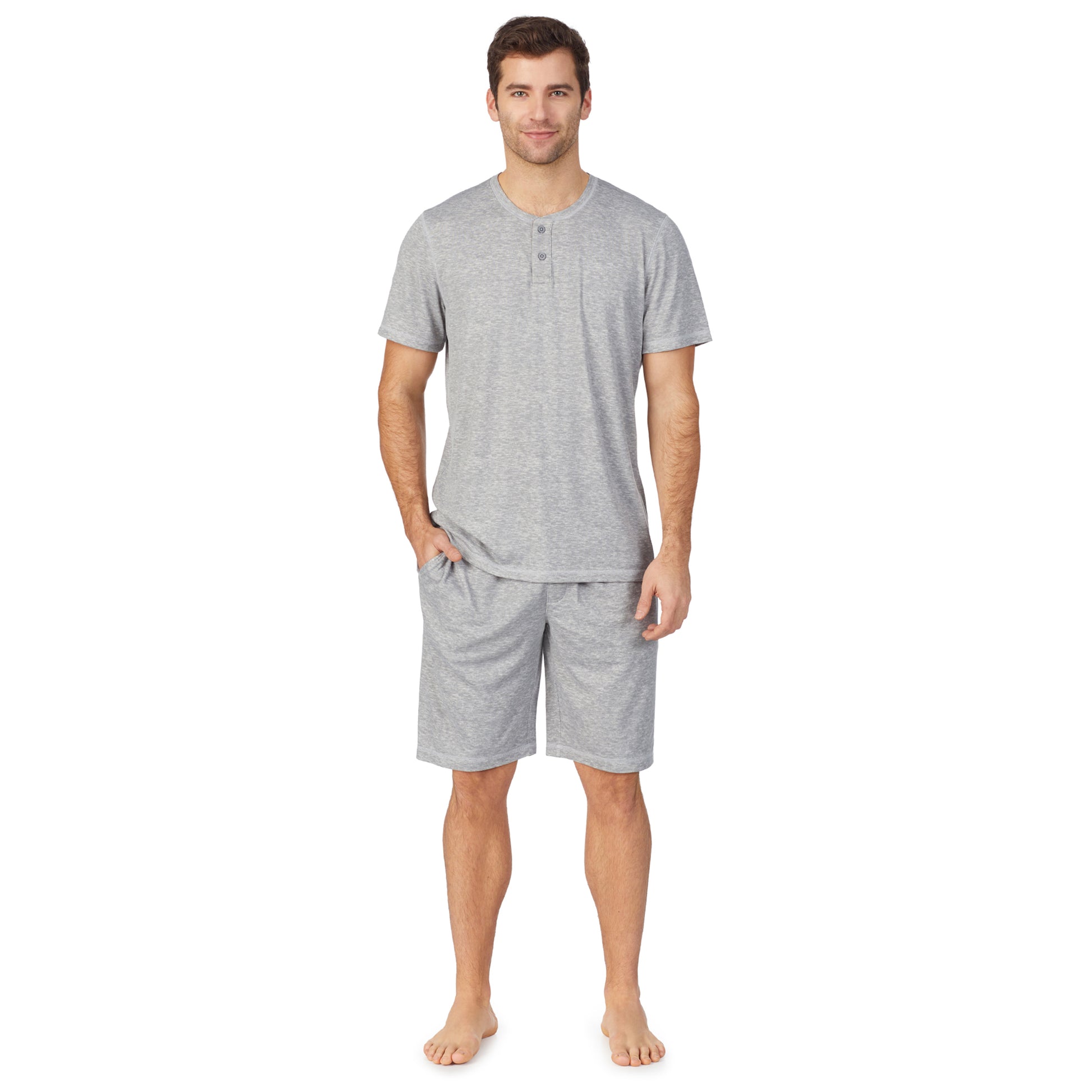 A lady wearingMens Short Sleeve Crew Neck Top and Pant Pajama Set with Light Blue Stripes print