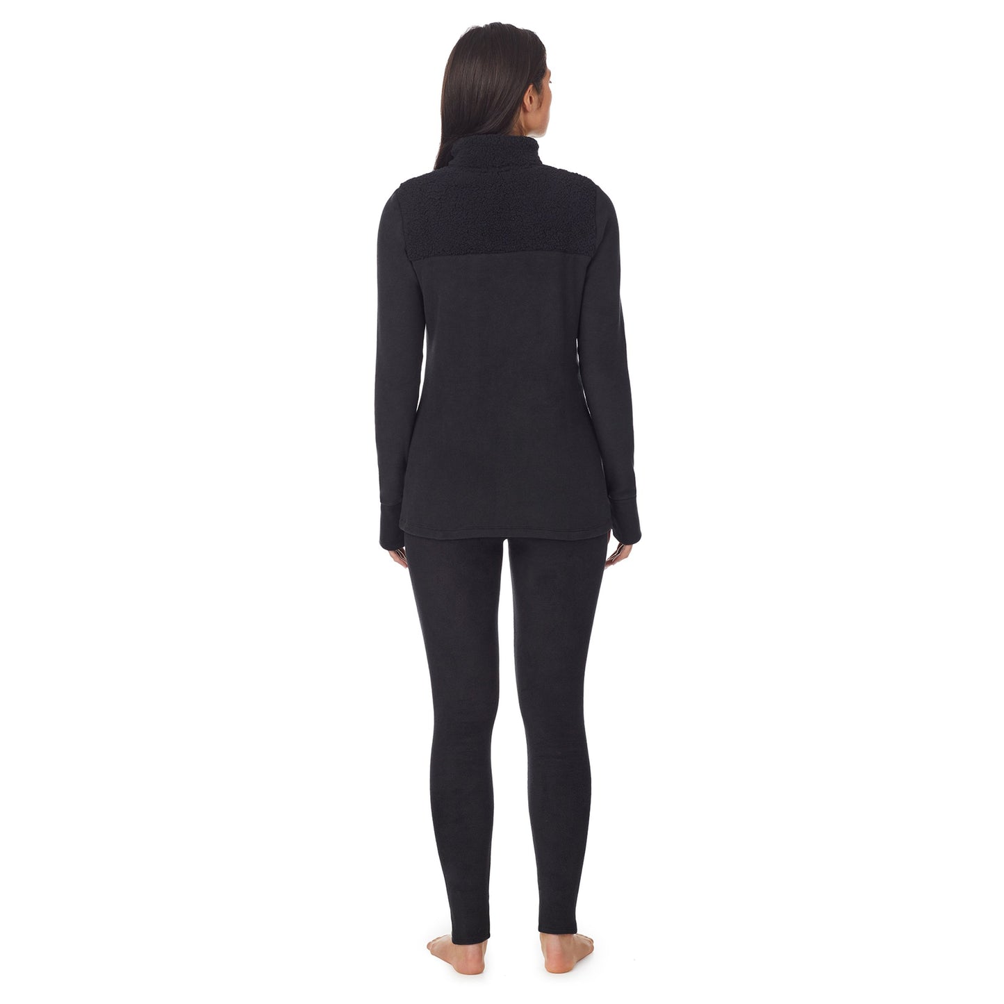 Black;Model is wearing size S. She is 5'8.5", Bust 32", Waist 25", Hips 36".@A lady wearing fleecewear with stretch long sleeve mixed media mock.