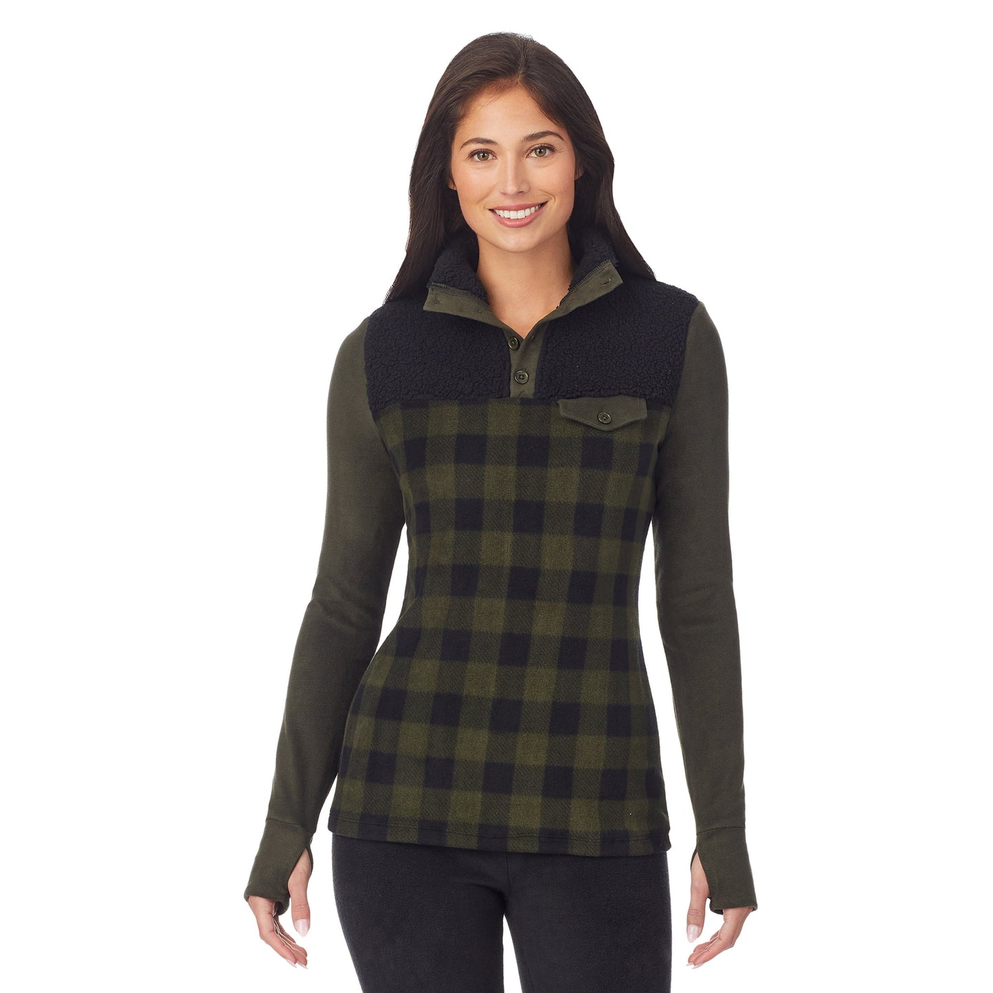 Green Buffalo Check;Model is wearing size S. She is 5'8.5", Bust 32", Waist 25", Hips 36".@A lady wearing fleecewear with stretch long sleeve mixed media mock.