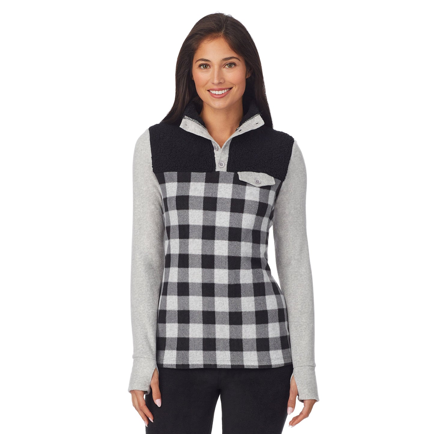 Grey Buffalo Check;Model is wearing size S. She is 5'8.5", Bust 32", Waist 25", Hips 36".@A lady wearing fleecewear with stretch long sleeve mixed media mock.