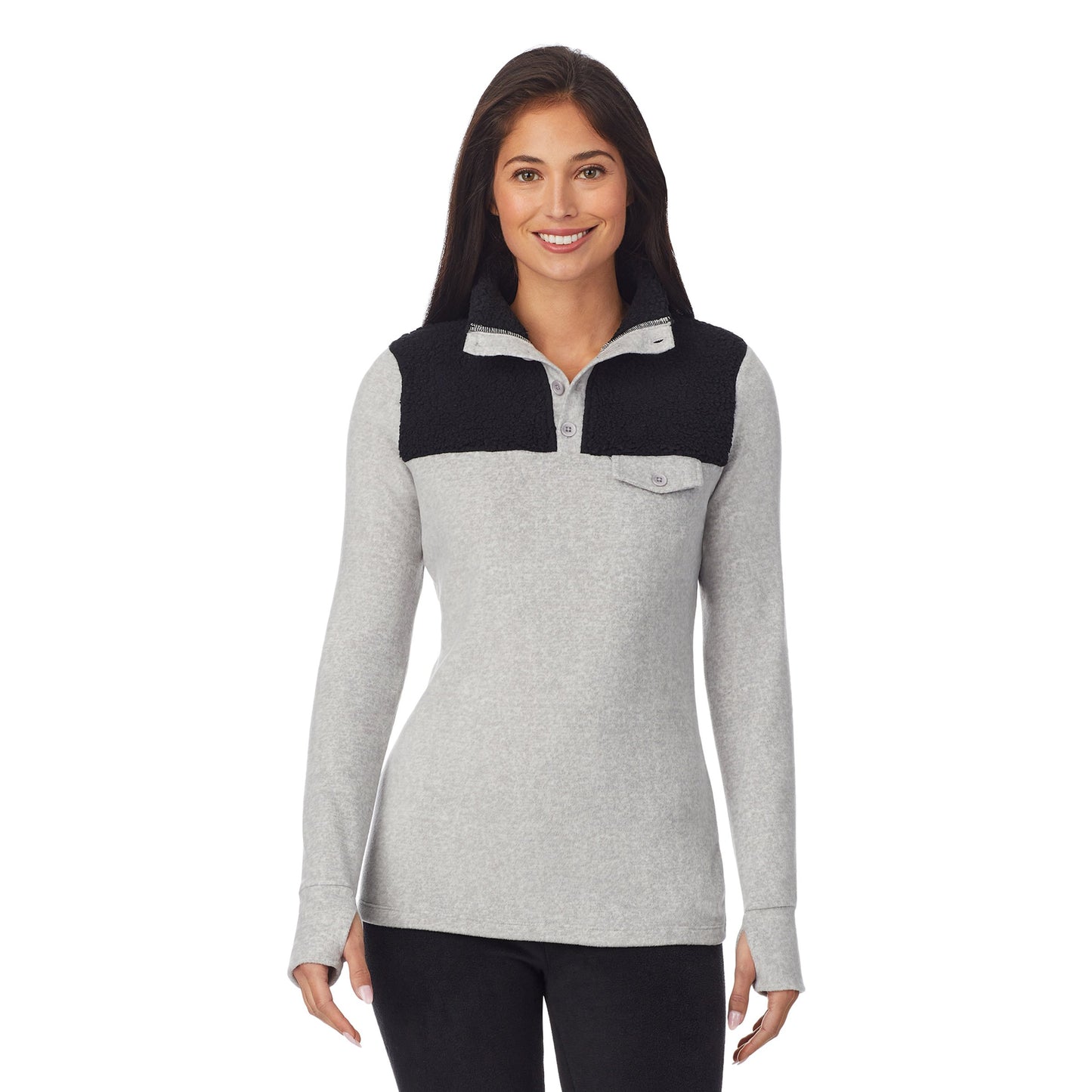 Charcoal Heather;Model is wearing size S. She is 5'8.5", Bust 32", Waist 25", Hips 36".@A lady wearing fleecewear with stretch long sleeve mixed media mock.