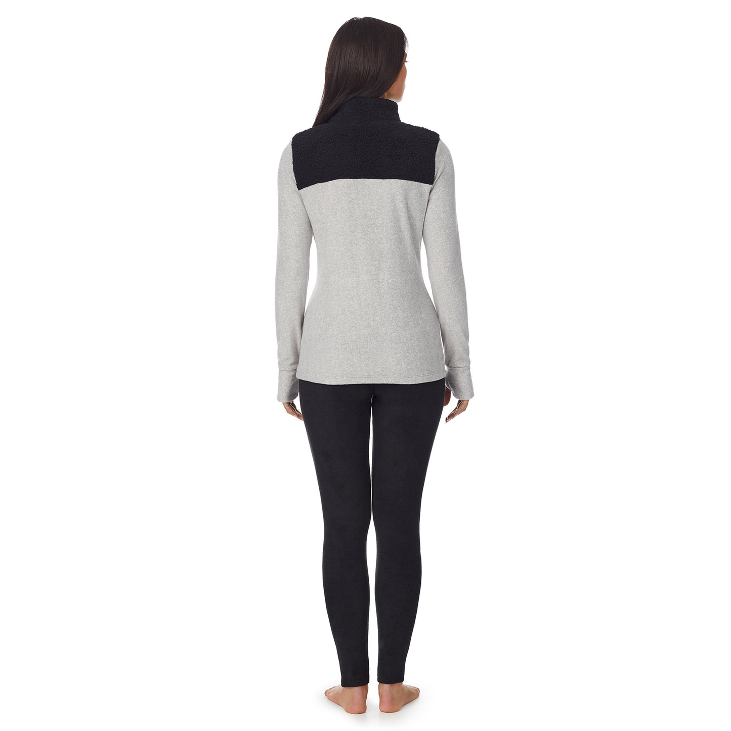 Charcoal Heather;Model is wearing size S. She is 5'8.5", Bust 32", Waist 25", Hips 36".@A lady wearing fleecewear with stretch long sleeve mixed media mock.