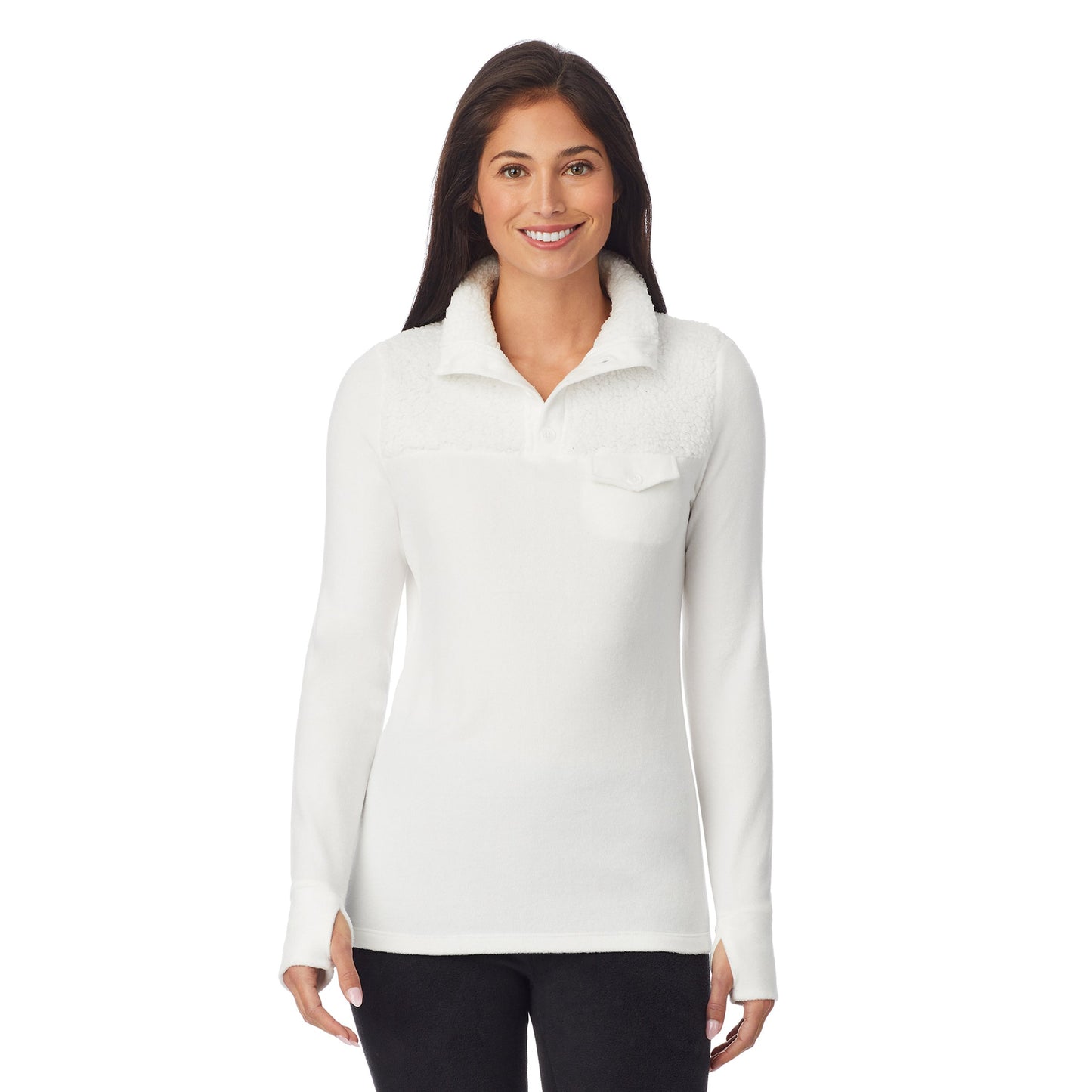 Off White;Model is wearing size S. She is 5'8.5", Bust 32", Waist 25", Hips 36".@A lady wearing fleecewear with stretch long sleeve mixed media mock.