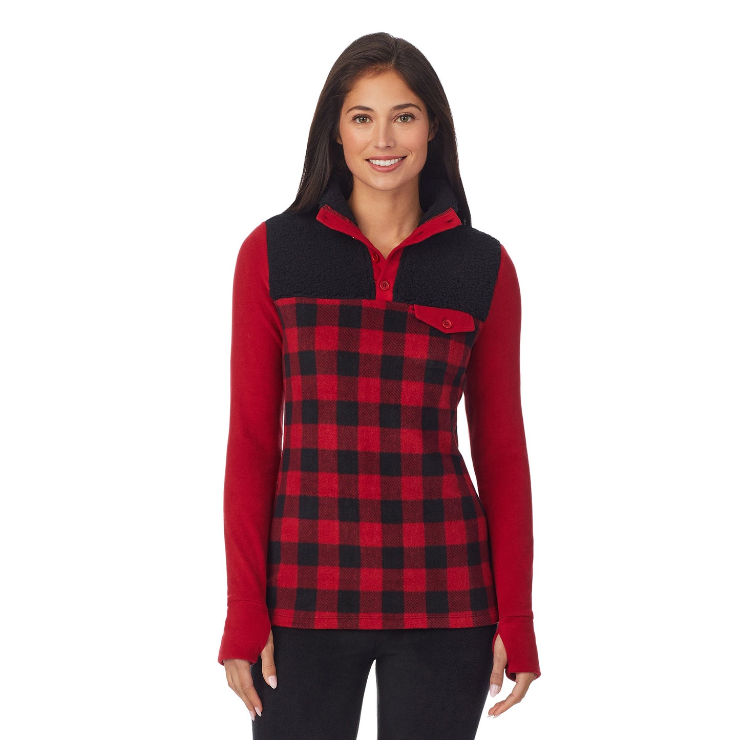 Red Buffalo Check;Model is wearing size S. She is 5'8.5", Bust 32", Waist 25", Hips 36".@A lady wearing fleecewear with stretch long sleeve mixed media mock.