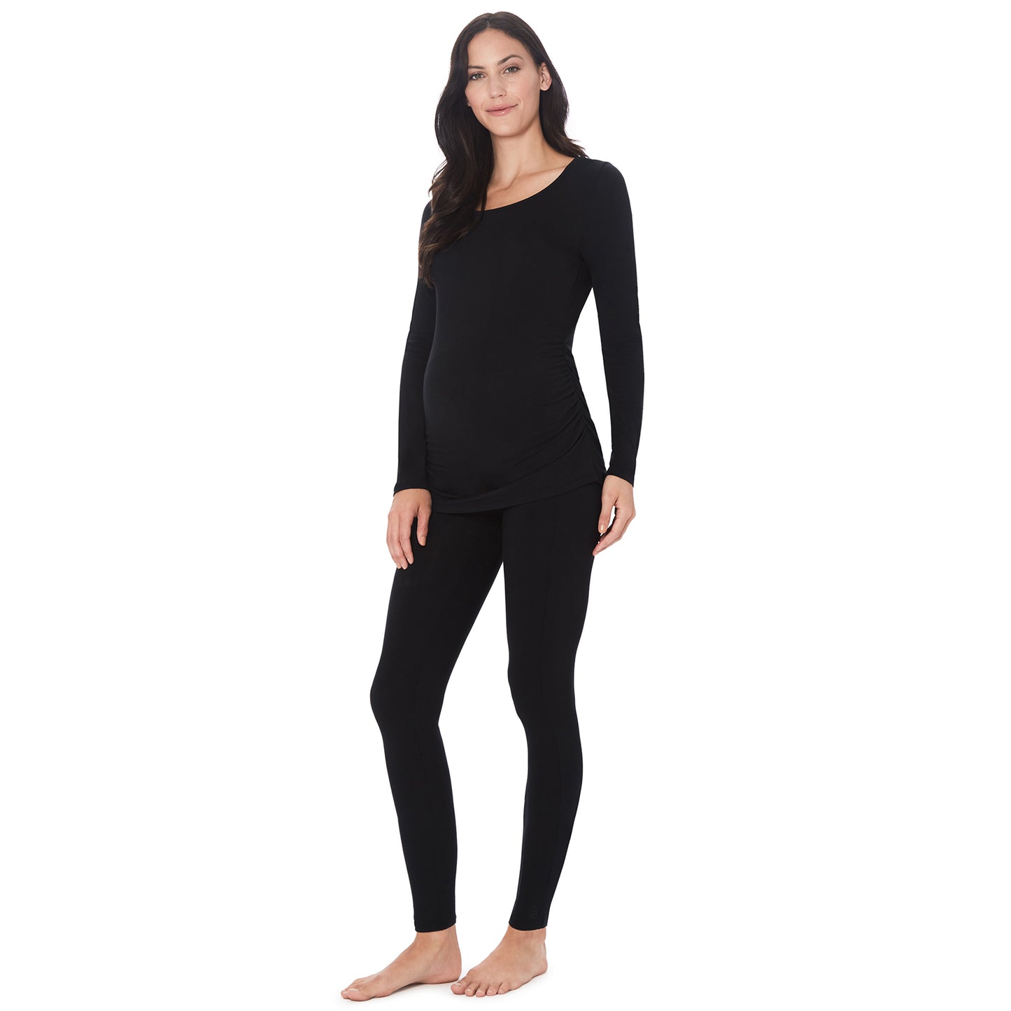 Black; Model is wearing size S. She is 5’11”, Bust 34”, Waist 25”, Hips 36.5”. @A lady wearing a long sleeve black maternity ballet neck top. #Model is wearing a maternity bump.