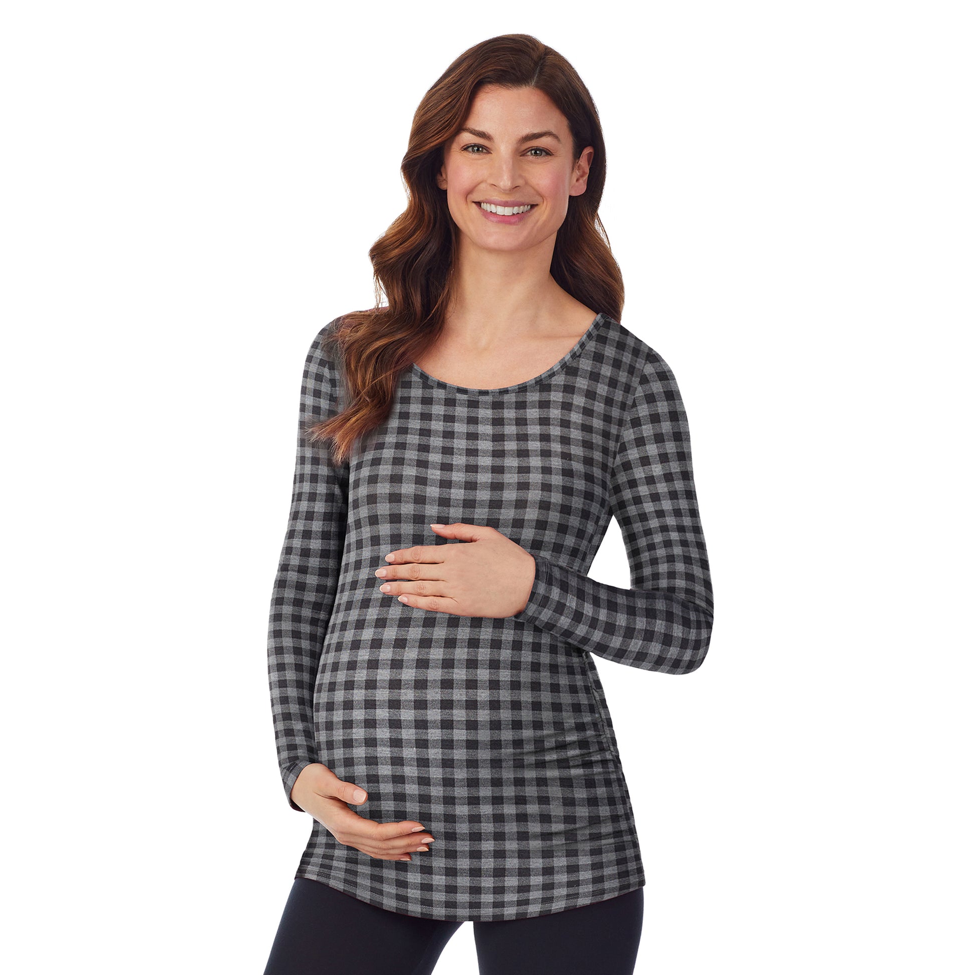 A lady wearing a long sleeve tonal buffalo maternity ballet neck top. #Model is wearing a maternity bump.