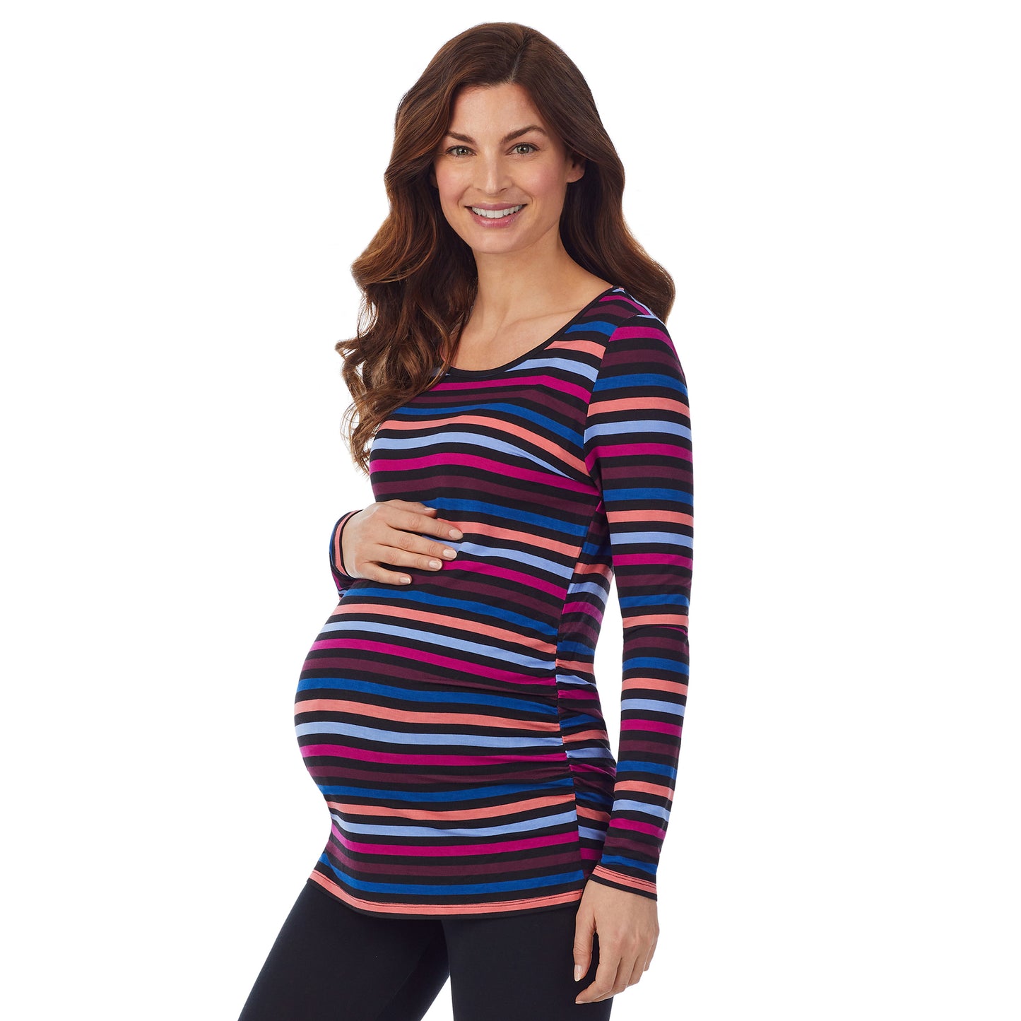 Multi Stripe; Model is wearing size S. She is 5’9”, Bust 34”, Waist 24.5”, Hips 36.5”. @A lady wearing a long sleeve multi stripe maternity ballet neck top. #Model is wearing a maternity bump.
