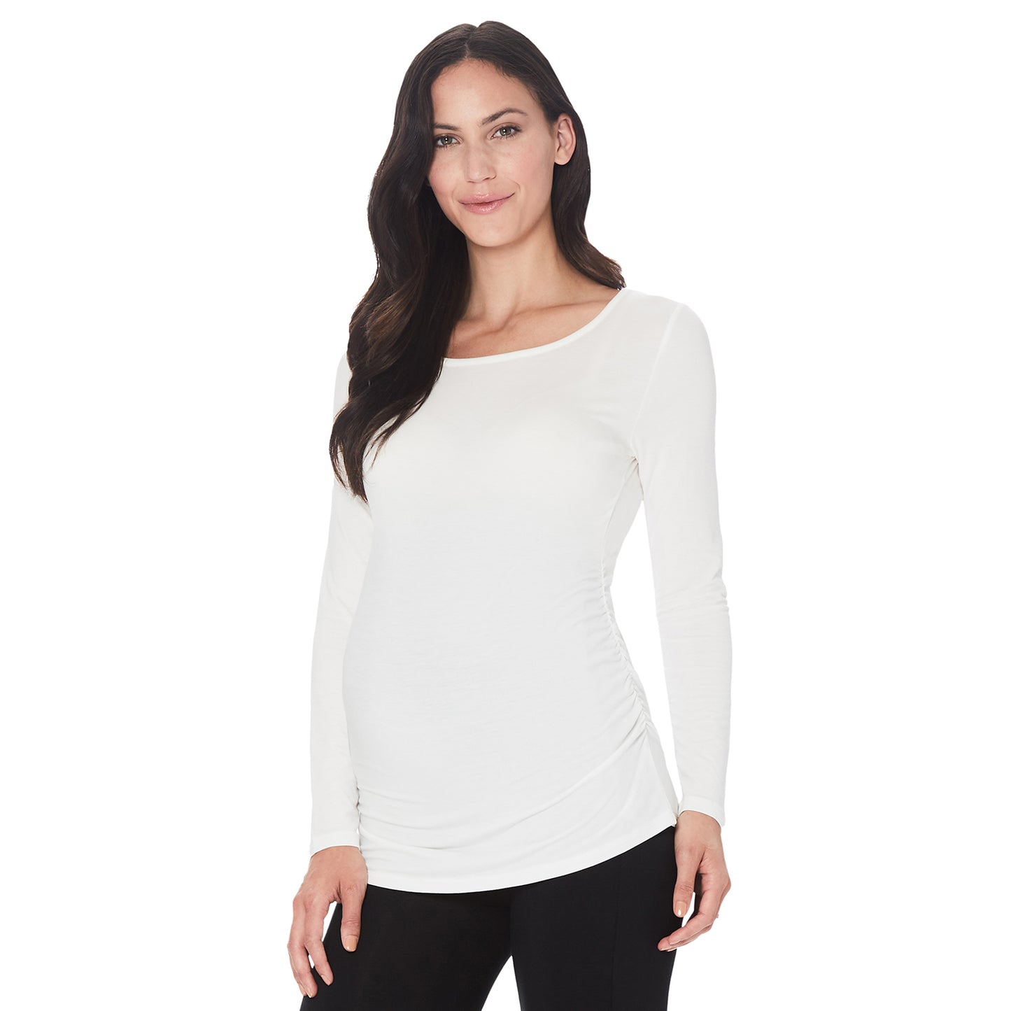 Ivory; Model is wearing size S. She is 5’11”, Bust 34”, Waist 25”, Hips 36.5”. @A lady wearing a ivory long sleeve maternity ballet neck top. #Model is wearing a maternity bump.