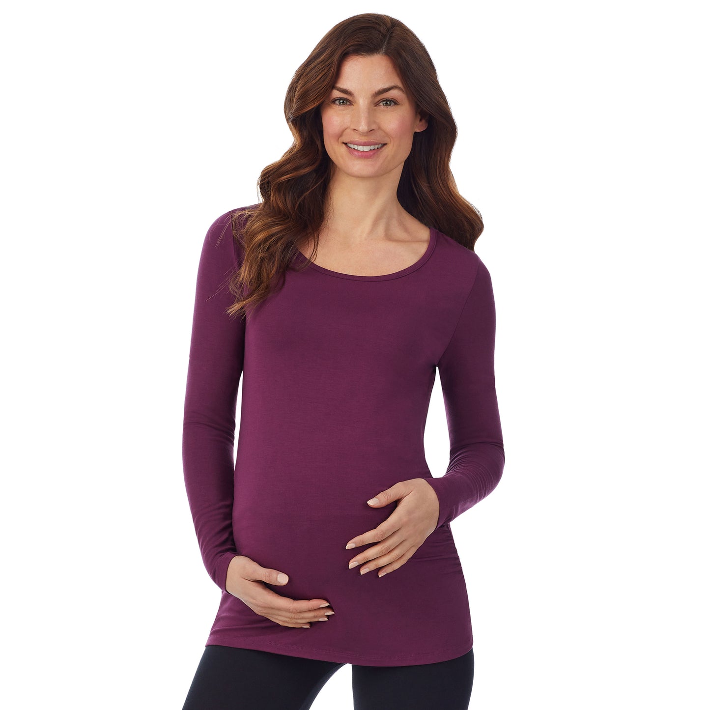 Grape; Model is wearing size S. She is 5’9”, Bust 34”, Waist 24.5”, Hips 36.5”. @A lady wearing a grape long sleeve maternity ballet neck top. #Model is wearing a maternity bump.