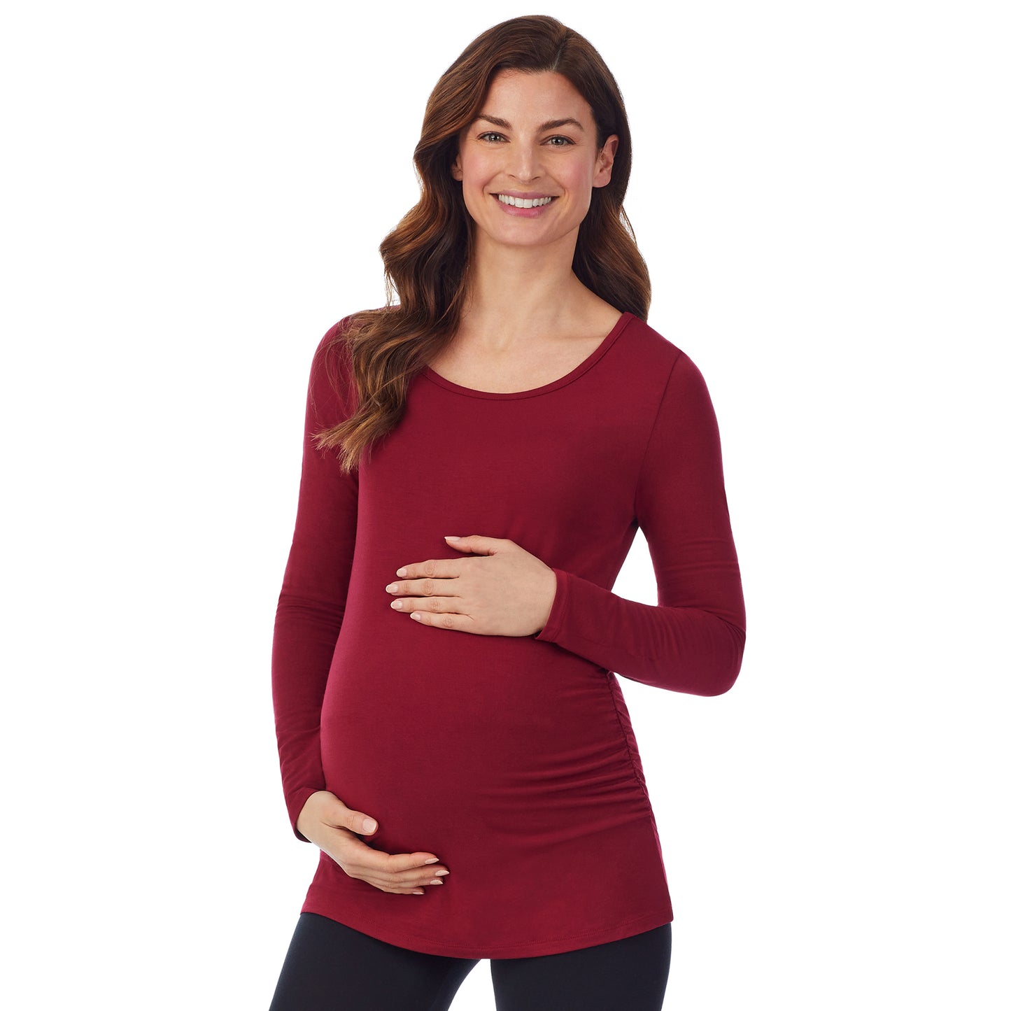 Rhubarb; Model is wearing size S. She is 5’9”, Bust 34”, Waist 24.5”, Hips 36.5”. @A lady wearing a rhubarb long sleeve maternity ballet neck top. #Model is wearing a maternity bump.