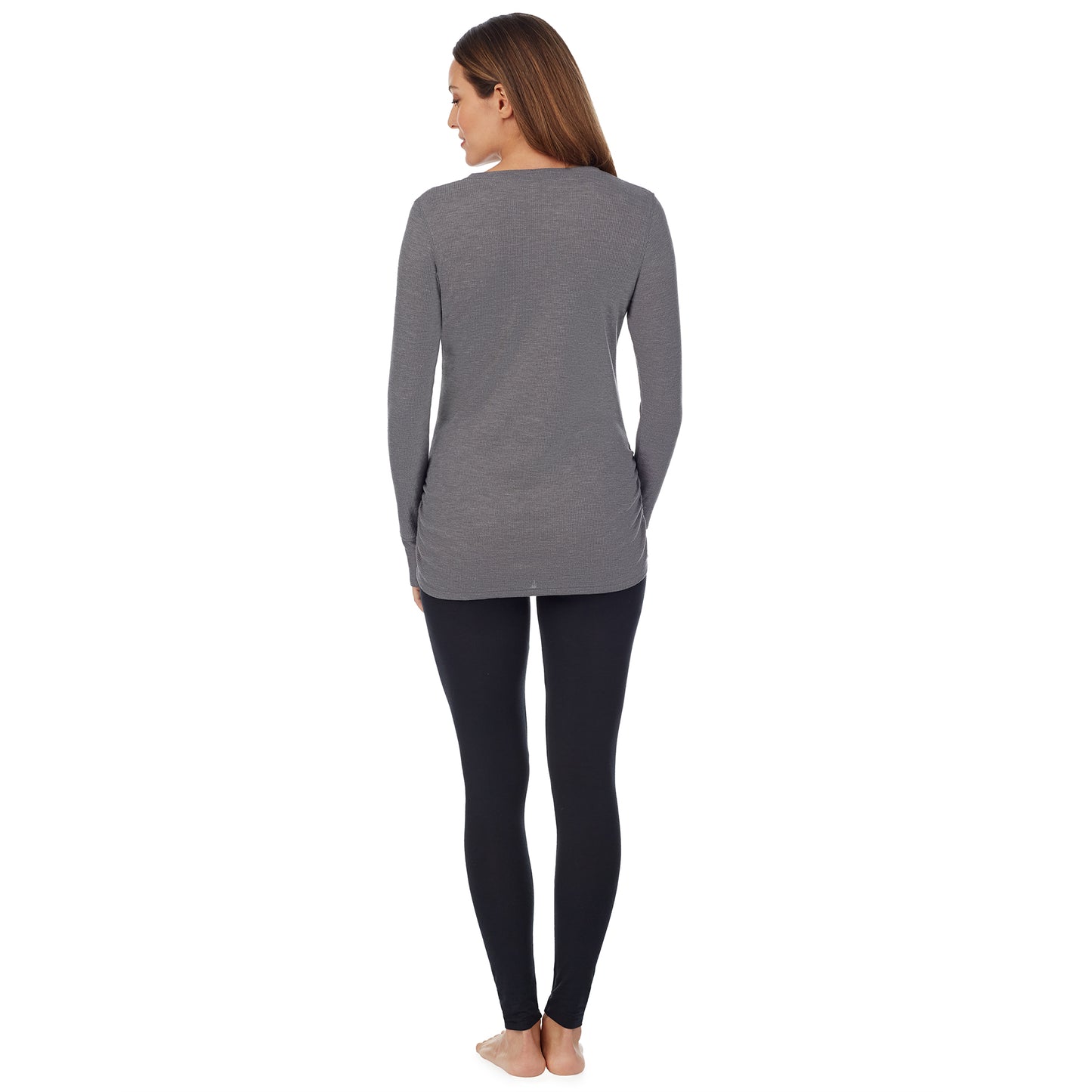 Stone Grey Heather; Model is wearing a size S. She is 5’10”, Bust 34”, Waist 26”, Hips 36”. @A lady wearing a stone grey heather long sleeve split V-Neck henley. #Model is wearing a maternity bump.