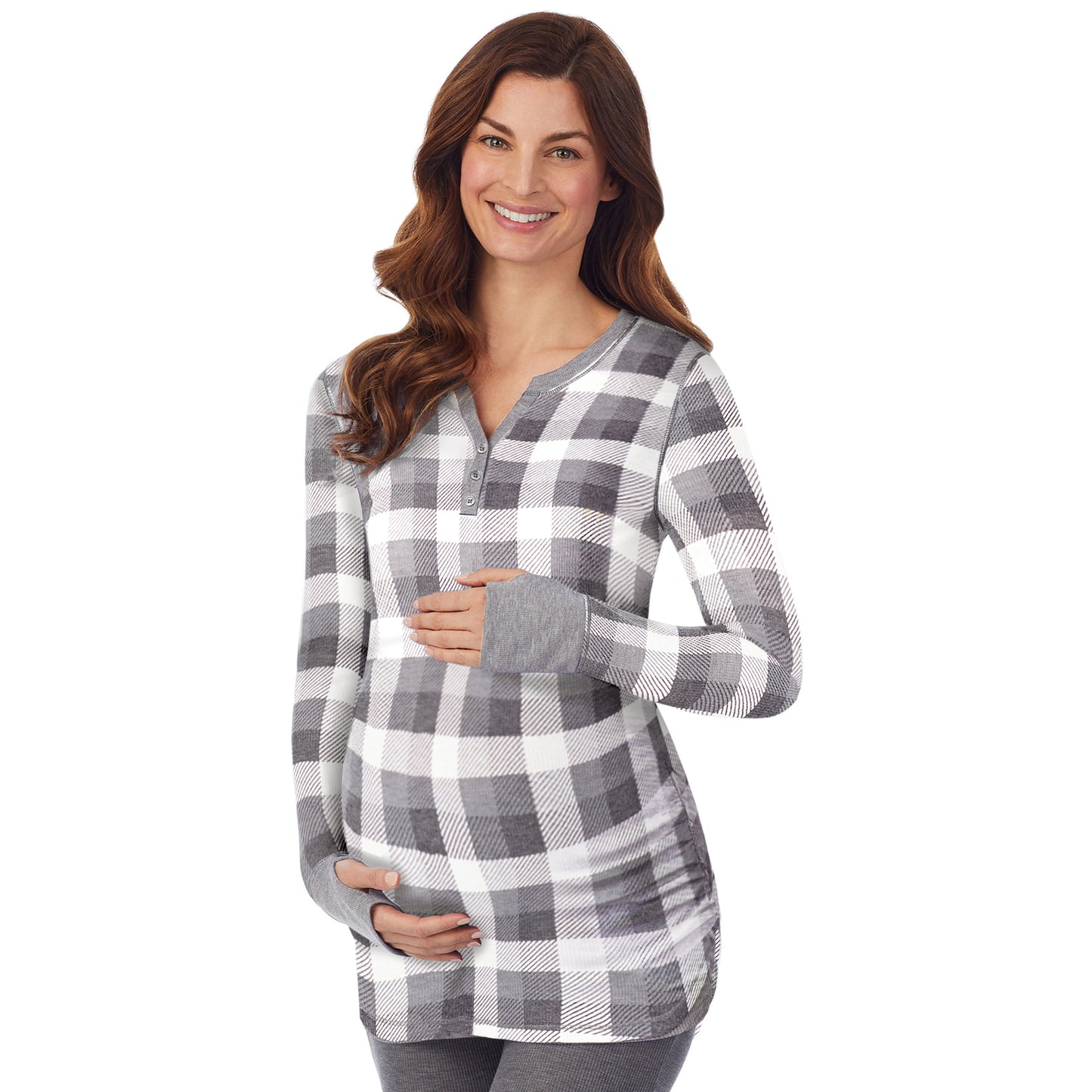 Grey Buffalo Check; Model is wearing size S. She is 5’9”, Bust 34”, Waist 24.5”, Hips 36.5”. @A lady wearing a grey buffalo check long sleeve split V-Neck henley. #Model is wearing a maternity bump.