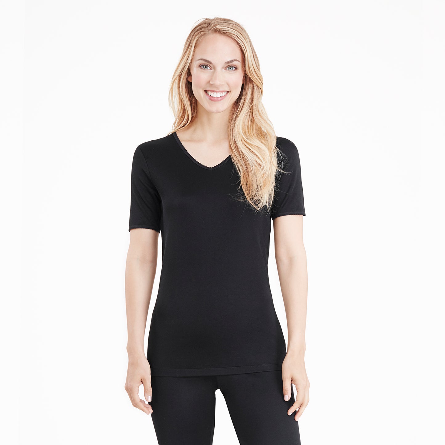 Black; Model is wearing size S. She is 5’9”, Bust 32”, Waist 25.5”, Hips 36”. @A lady wearing a black lace edge short sleeve V-Neck.