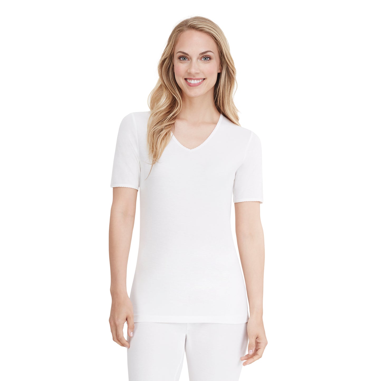 White; Model is wearing size S. She is 5’9”, Bust 32”, Waist 25.5”, Hips 36”. @A lady wearing a white lace edge short sleeve V-Neck.