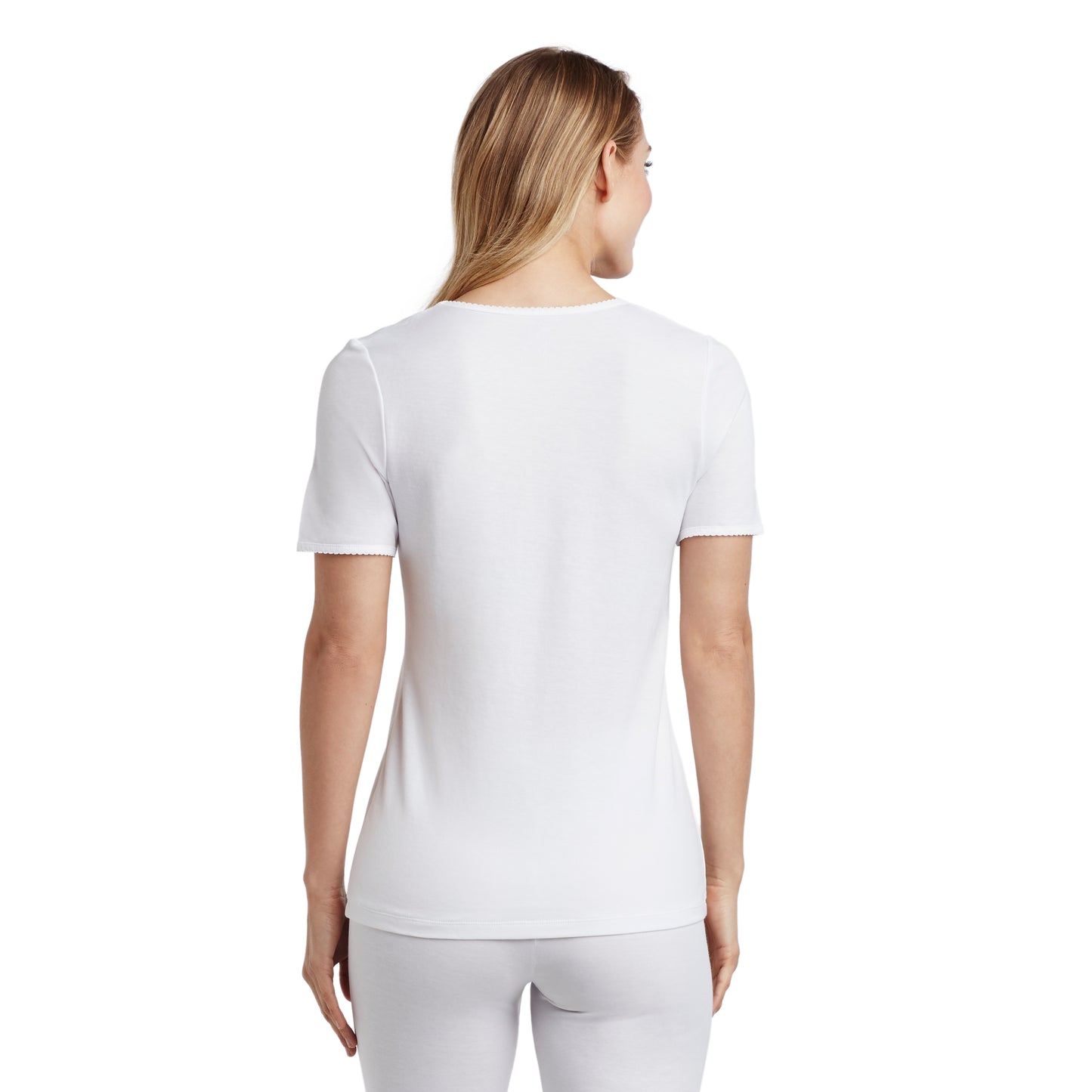 White; Model is wearing size S. She is 5’9”, Bust 32”, Waist 25.5”, Hips 36”. @A lady wearing a white lace edge short sleeve V-Neck.