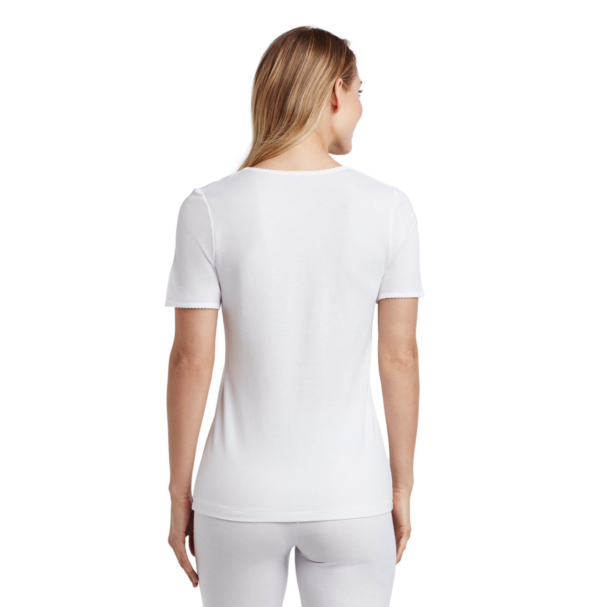 A lady wearing a  white lace edge short sleeve V-Neck.