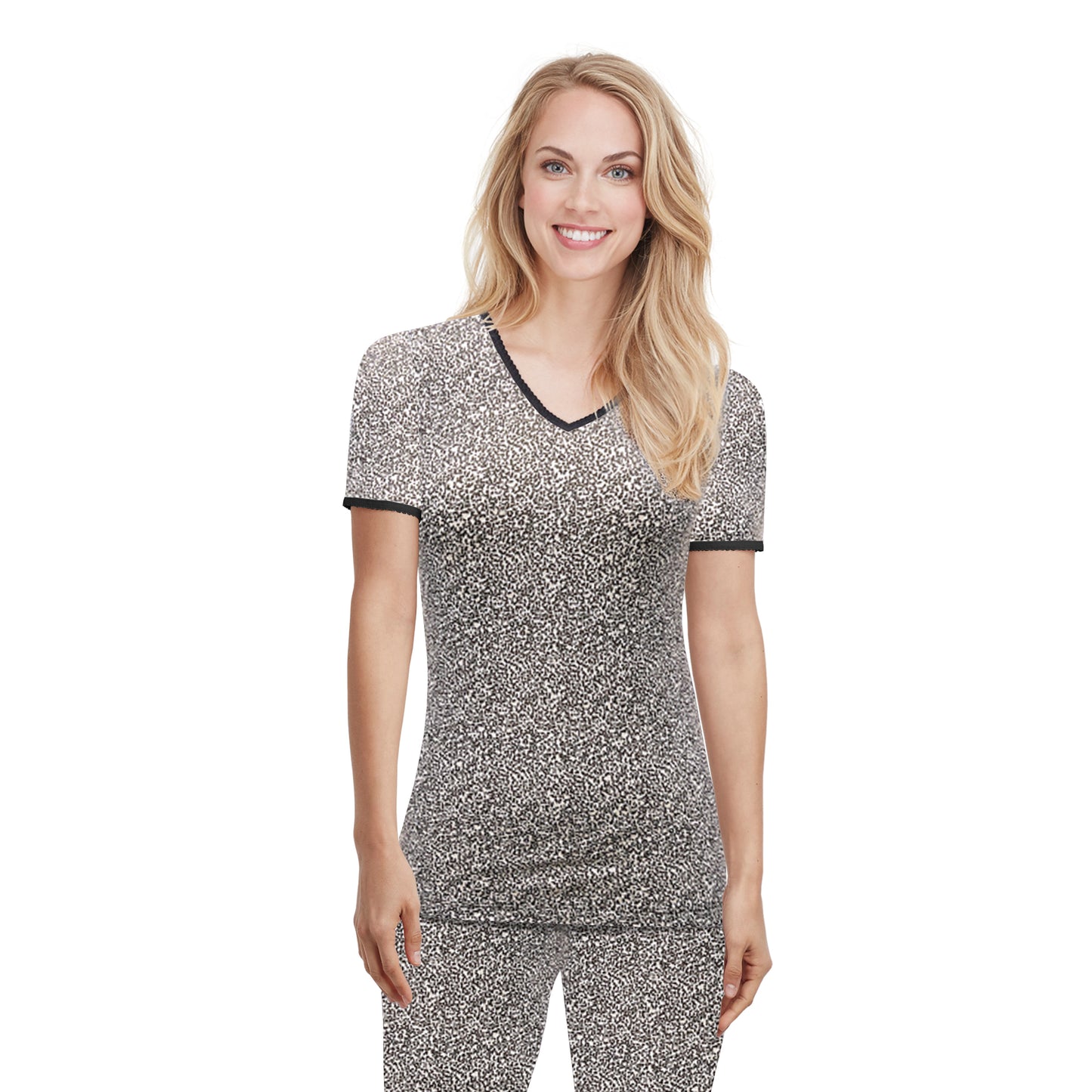 Cheetah; Model is wearing size S. She is 5’9”, Bust 32”, Waist 25.5”, Hips 36”. @A lady wearing a cheetah lace edge short sleeve V-Neck.