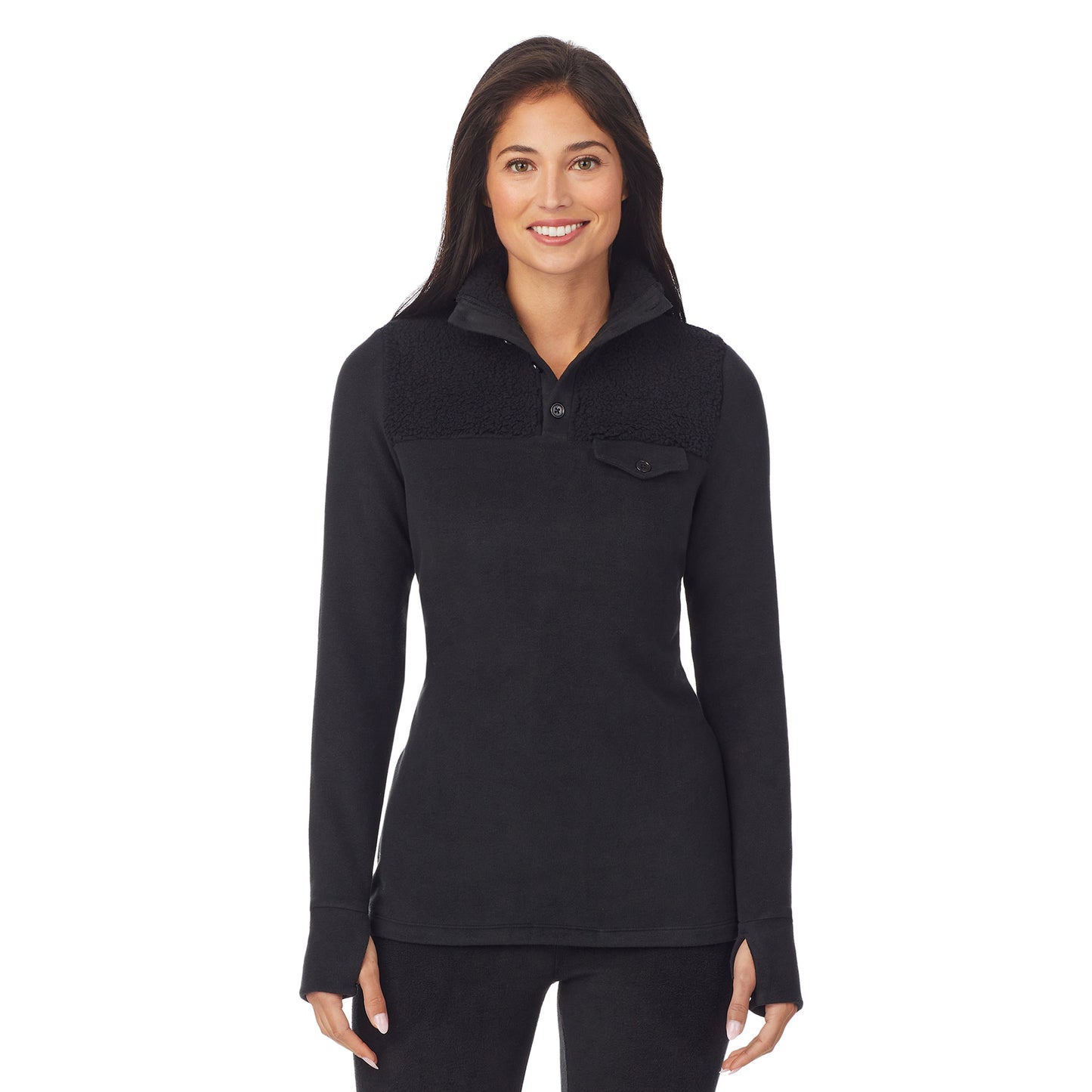 Black; Model is wearing size S. She is 5'8.5", Bust 32", Waist 25", Hips 36".@upper body of a lady wearing black long sleeve mixed media mock !59% Polyester, 35% Recycled Polyester, 6% Spandex!