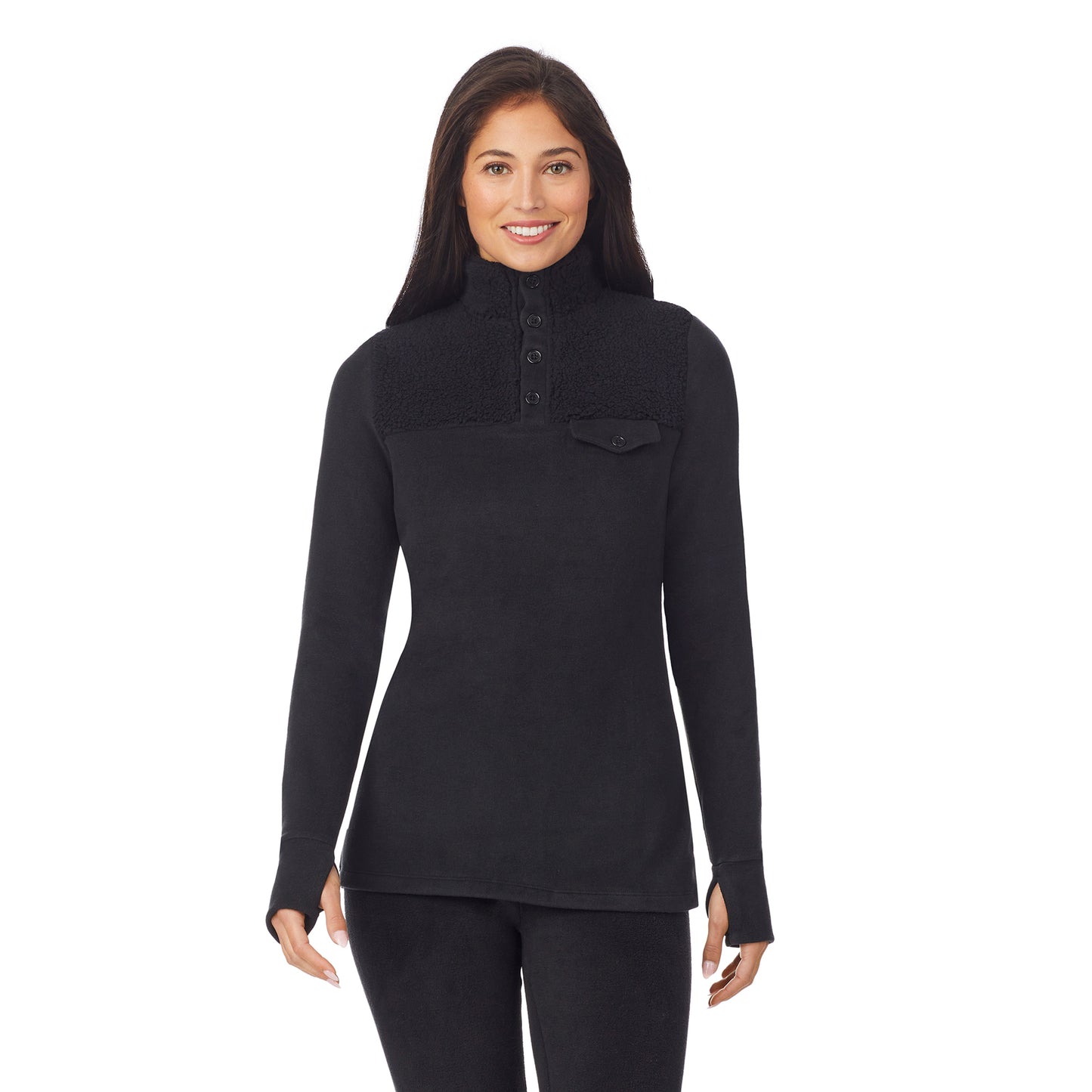 Black; Model is wearing size S. She is 5'8.5", Bust 32", Waist 25", Hips 36".@upper body of a lady wearing black long sleeve mixed media mock !59% Polyester, 35% Recycled Polyester, 6% Spandex!