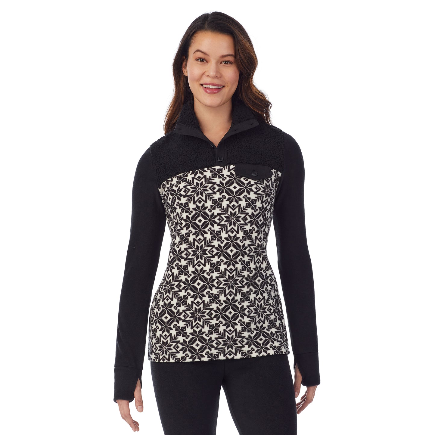 Nordic Geo; Model is wearing size S. She is 5’9”, Bust 34”, Waist 25”, Hips 35”.@upper body of a lady wearing nordic geo long sleeve mixed media mock !59% Polyester, 35% Recycled Polyester, 6% Spandex!