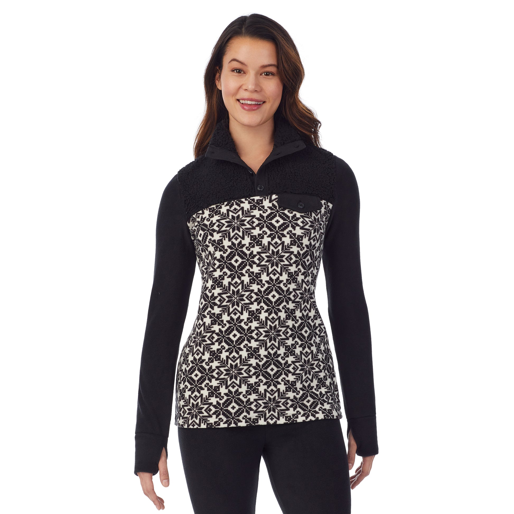 upper body of a lady wearing nordic geo long sleeve mixed media mock