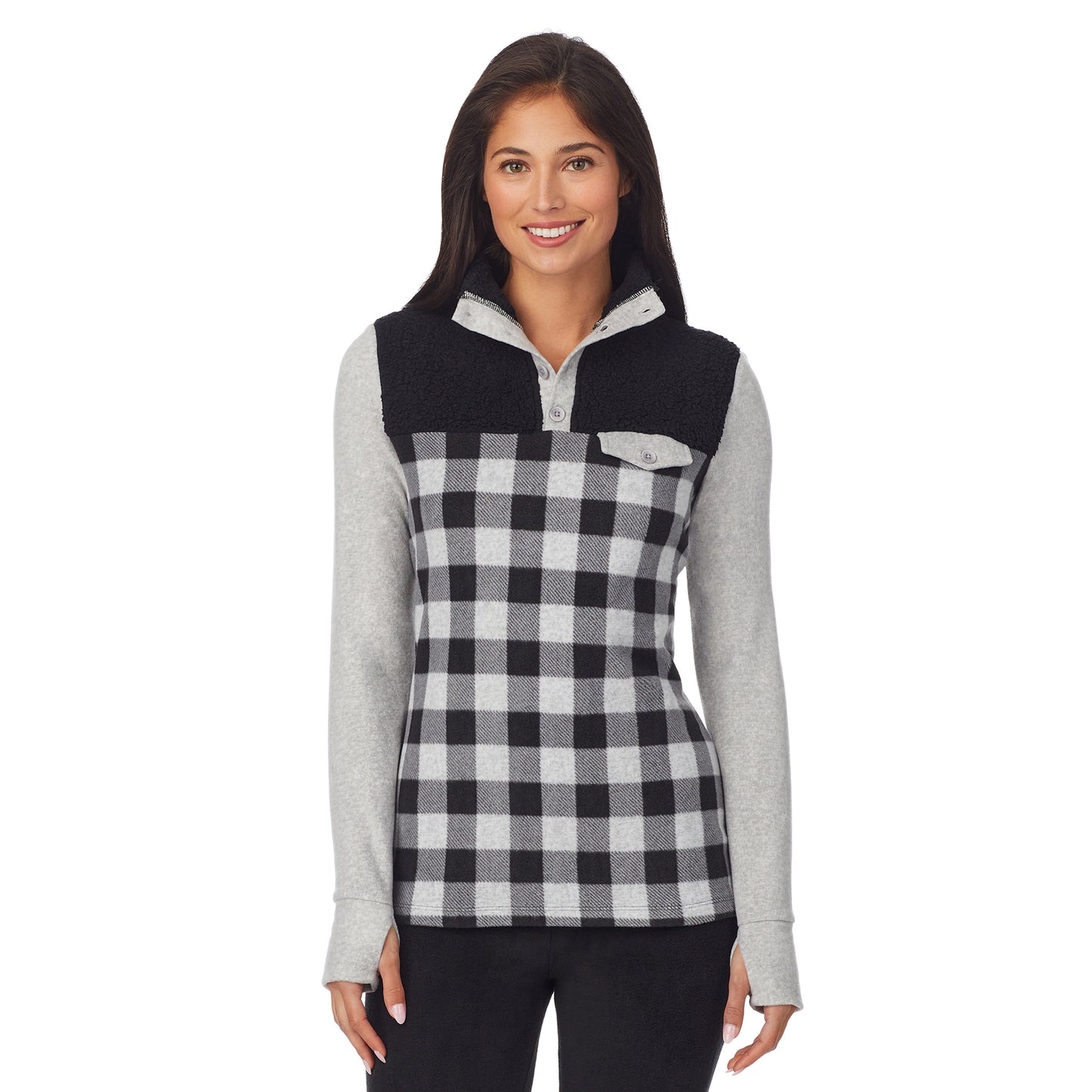 Grey Buffalo Check; Model is wearing size S. She is 5'8.5", Bust 32", Waist 25", Hips 36".@upper body of a lady wearing grey buffalo long sleeve mixed media mock !59% Polyester, 35% Recycled Polyester, 6% Spandex!