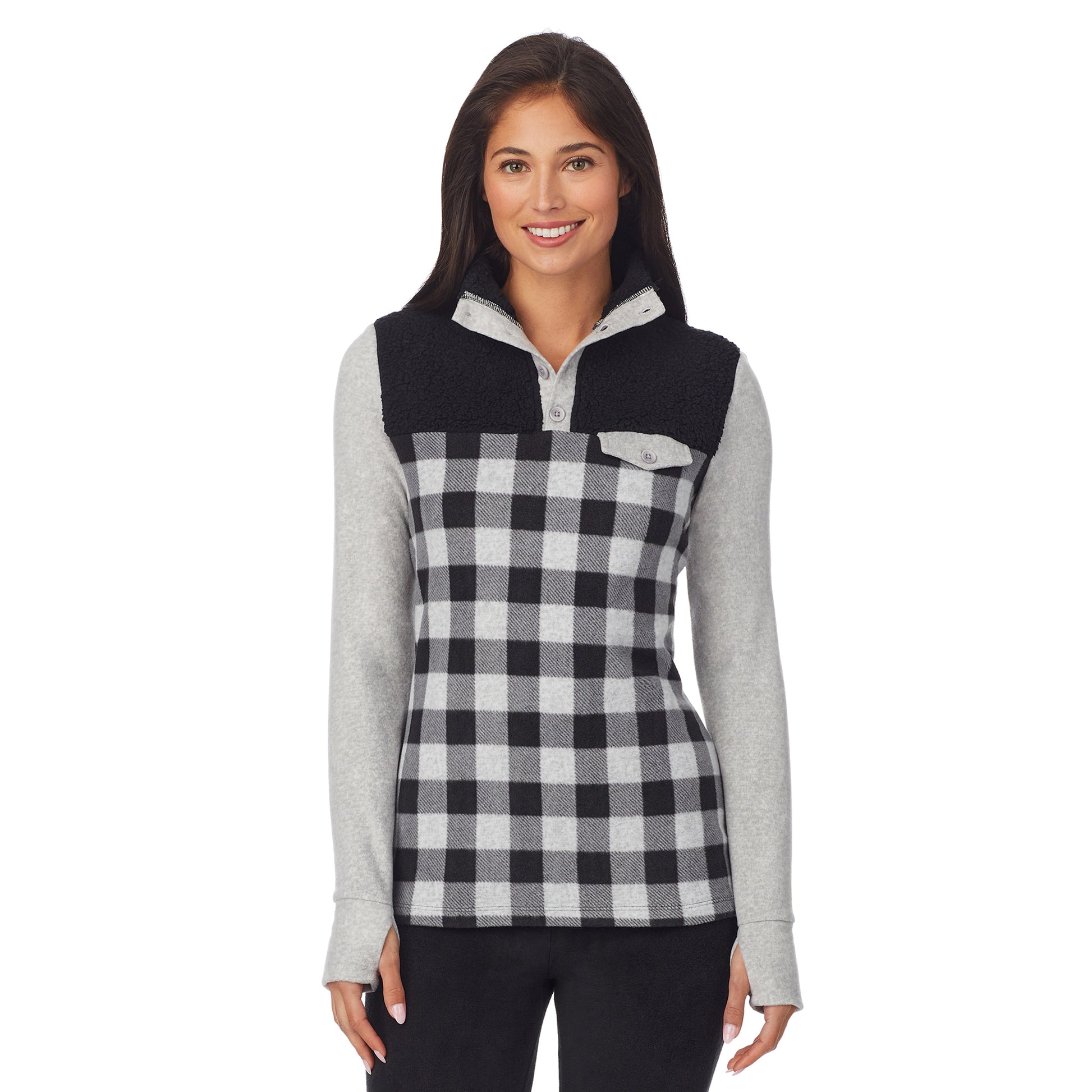 upper body of a lady wearing grey buffalo long sleeve mixed media mock