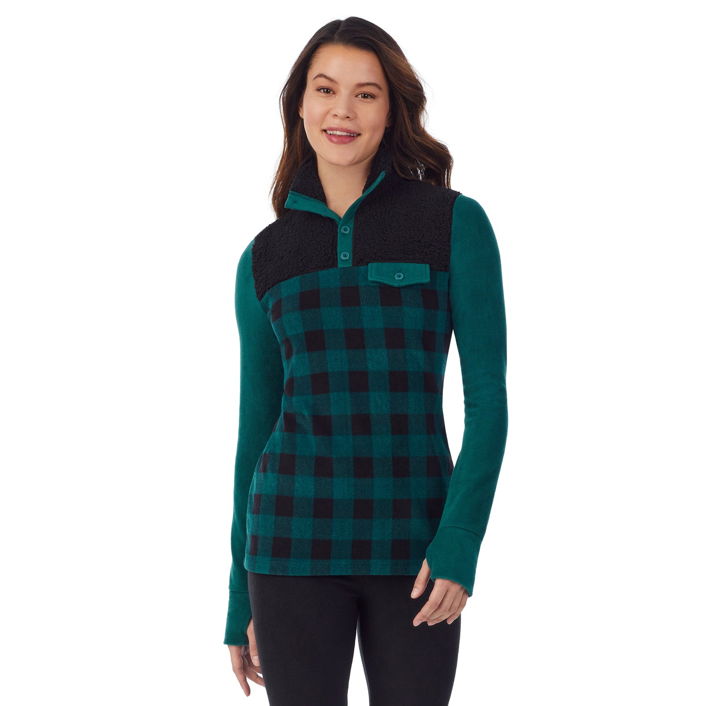 Green Buffalo; Model is wearing size S. She is 5’9”, Bust 34”, Waist 25”, Hips 35”.@upper body of a lady wearing green buffalo long sleeve mixed media mock !59% Polyester, 35% Recycled Polyester, 6% Spandex!