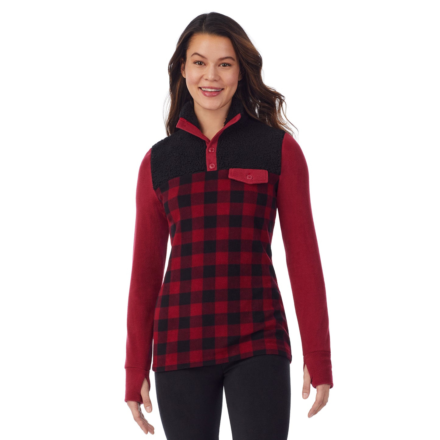 Rhubarb Buffalo; Model is wearing size S. She is 5’9”, Bust 34”, Waist 25”, Hips 35”.@upper body of a lady wearing red buffalo long sleeve mixed media mock !59% Polyester, 35% Recycled Polyester, 6% Spandex!