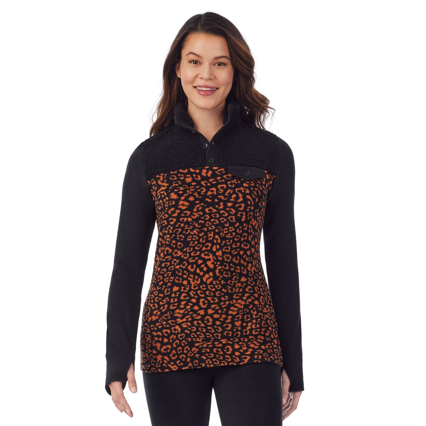 Amber Animal; Model is wearing size S. She is 5’9”, Bust 34”, Waist 25”, Hips 35”.@upper body of a lady wearing amber animal long sleeve mixed media mock !59% Polyester, 35% Recycled Polyester, 6% Spandex!