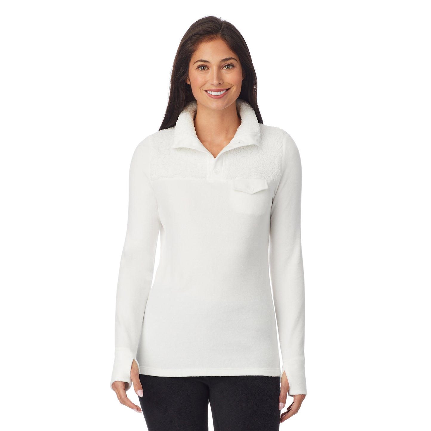 Off White; Model is wearing size S. She is 5'8.5", Bust 32", Waist 25", Hips 36".@upper body of a lady wearing white long sleeve mixed media mock !59% Polyester, 35% Recycled Polyester, 6% Spandex!
