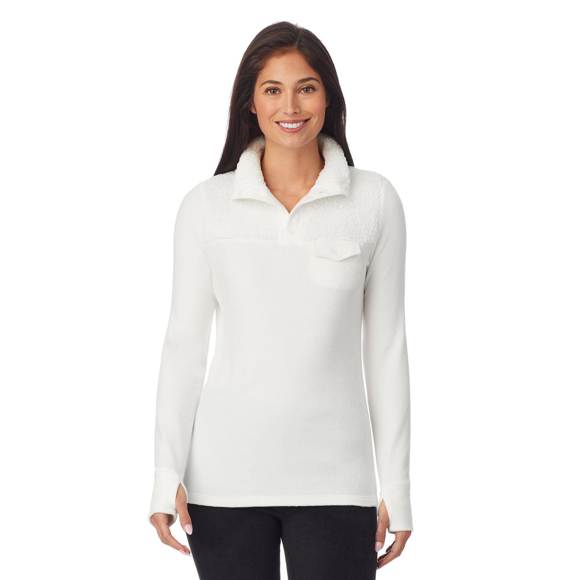 upper body of a lady wearing white long sleeve mixed media mock